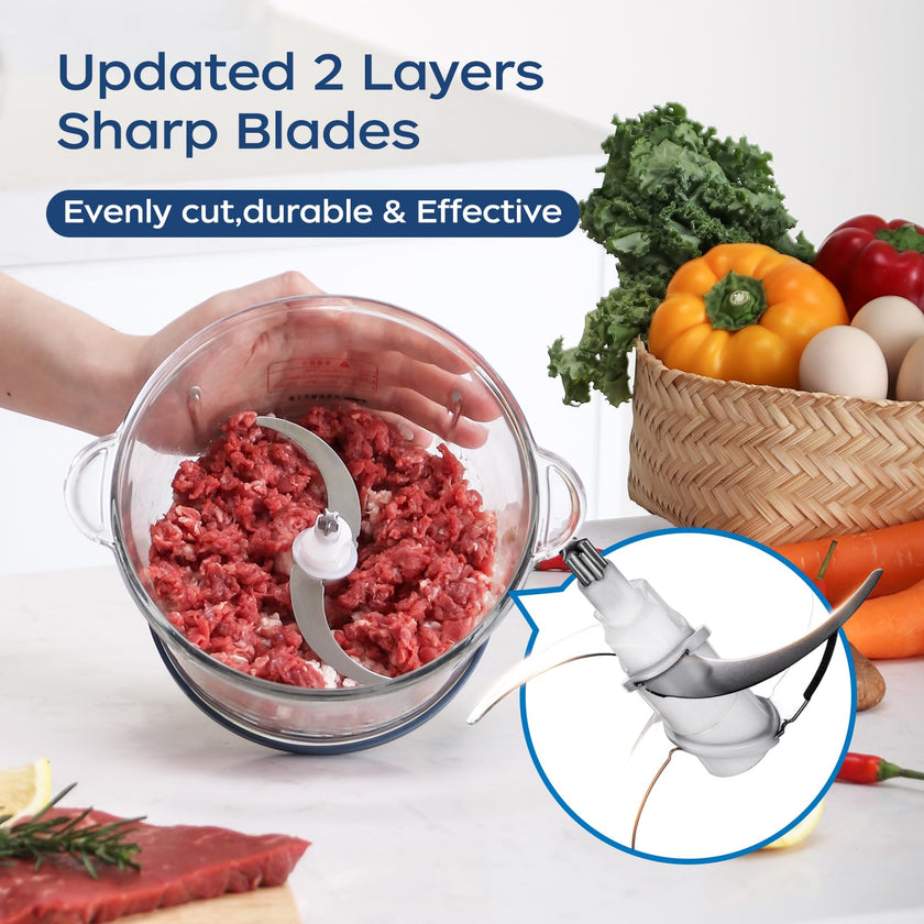 La Reveuse Food Processor,Electric Food Chopper with 7-Cup (1.7L) Glass Bowl, 4 Bi-Level Blades for Chopping,Grinding,Mincing,Whisking,Meal Prep,300W,Blue 🍁 All In One Marketplace Canada