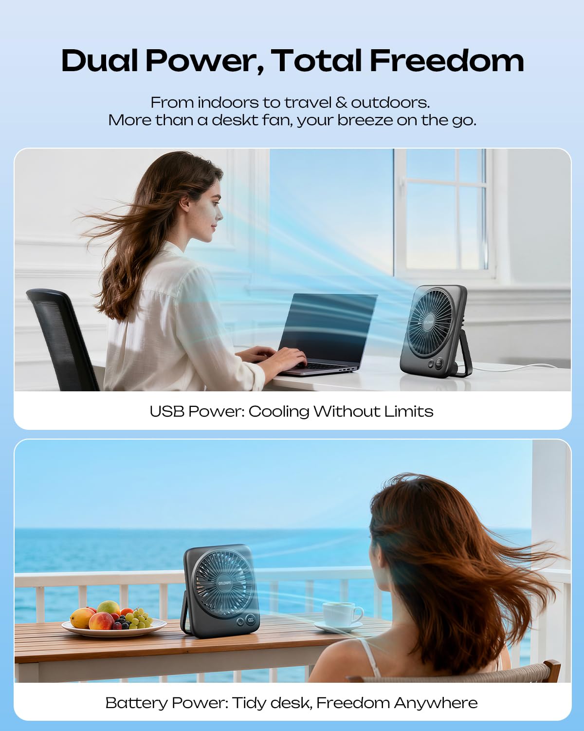 Otlonpe Personal Rechargeable Desk Fan Portable, 4000mAh 5-22 Hrs, Small Quiet Battery Powered Portable Fans for Bedroom Travel Office Home Table, Led Display, Cordless, 4-Speed, 6.5 Inch (Black) 🍁 All In One Marketplace Canada