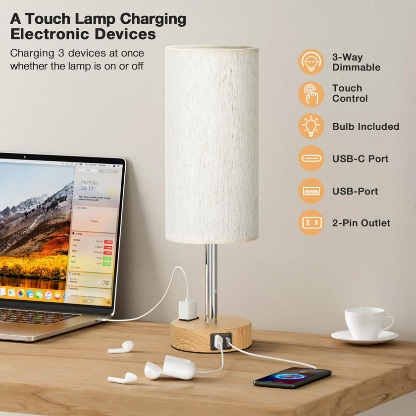 Fenmzee Bedside Table Lamp for Bedroom - 3 Way Dimmable Touch Lamp USB C Charging Ports and AC Outlet, Small Lamp Wood Base Round Flaxen Fabric Shade for Living Room, Desk, LED Bulb Included 🍁 All In One Marketplace Canada