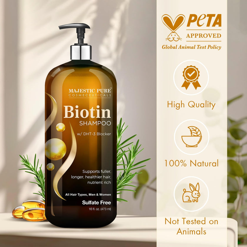 Majestic Pure Biotin Shampoo - Volumizing Shampoo for Hair Loss - with DHT-3 Blocker - Hydrating & Nourishing - Sulfate Free, for Men & Women - Thin Hair Shampoo - 16 fl oz 🍁 All In One Marketplace Canada