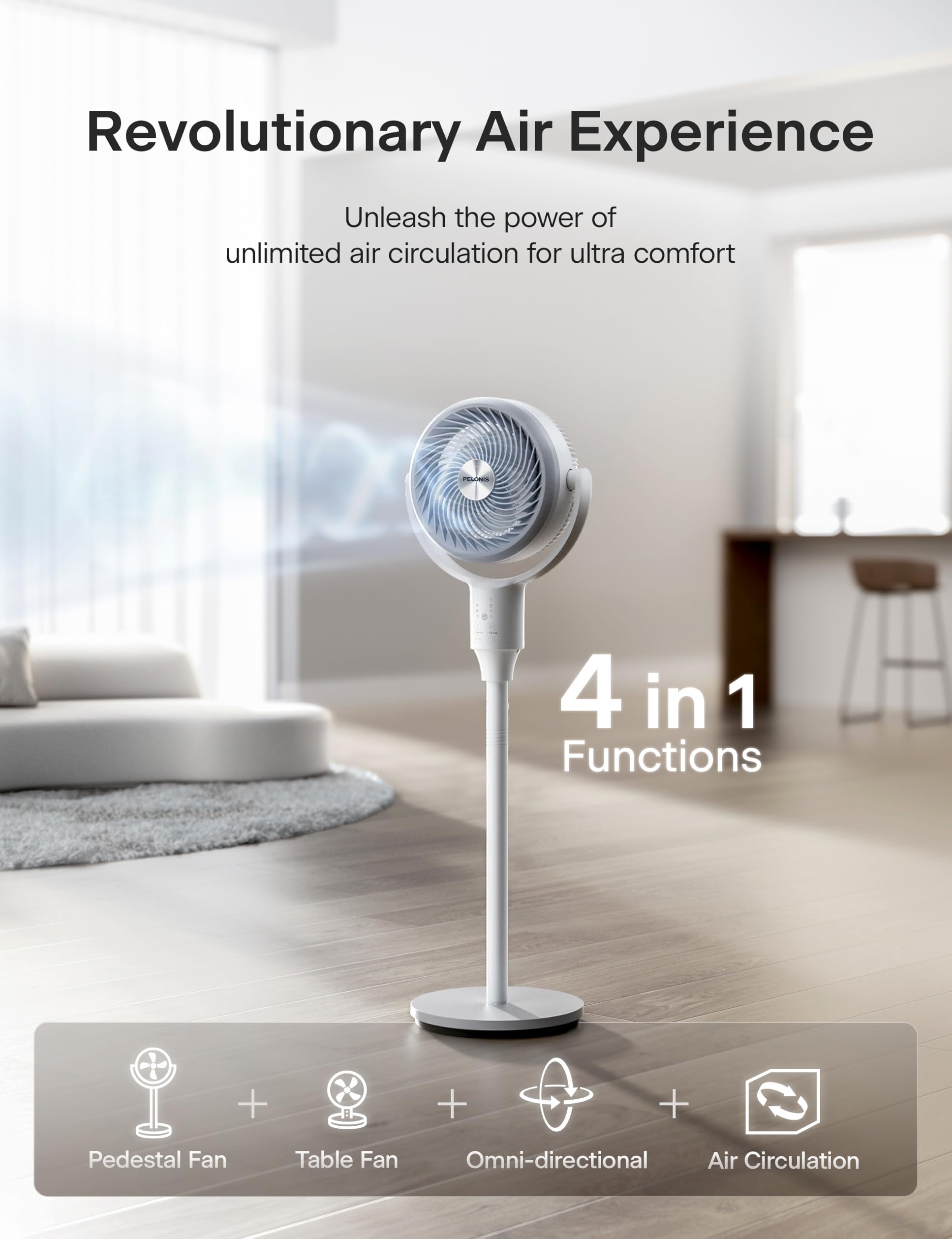 PELONIS Pedestal Fan, Air Circulator, Ultra OmniFlow (135°+90°Auto Oscillation), Quiet Floor Fan with 3 Speeds, Remote, 7H Timer, Memory Function, Adjustable Height, Standing Fan for Bedroom 🍁 All In One Marketplace Canada