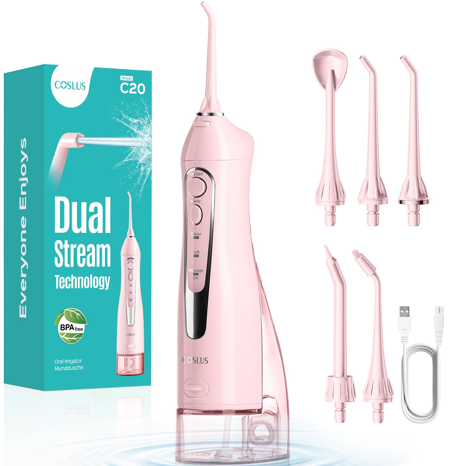 COSLUS Water Teeth Flosser C20 (F5020E): 300ML Electric Water Tooth Floss Cordless Jet Flossers for Teeth Cleaning IPX7 Waterproof Rechargeable Portable Travel Floss Light-Pink 🍁 All In One Marketplace Canada