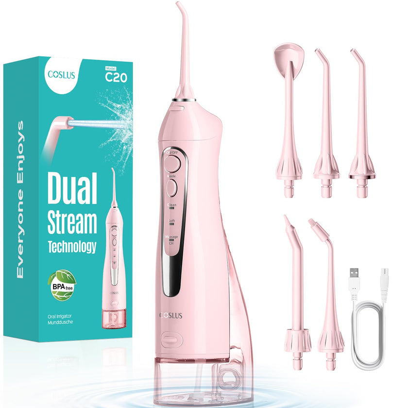 COSLUS Water Teeth Flosser C20 (F5020E): 300ML Electric Water Tooth Floss Cordless Jet Flossers for Teeth Cleaning IPX7 Waterproof Rechargeable Portable Travel Floss Light-Pink 🍁 All In One Marketplace Canada