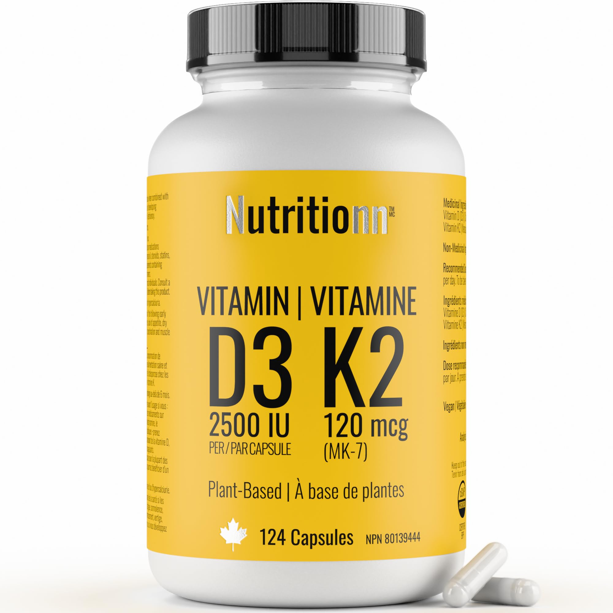 Vitamin D3 K2 Supplement - 2500 IU D3, 120 mcg K2 MK7 x 124 Capsules - Plant-Based, Vegan - Prevents Deficiency, Supports Bone Health in Women and Men - Made in Canada, Third-Party Tested - Nutritionn 🍁 All In One Marketplace Canada