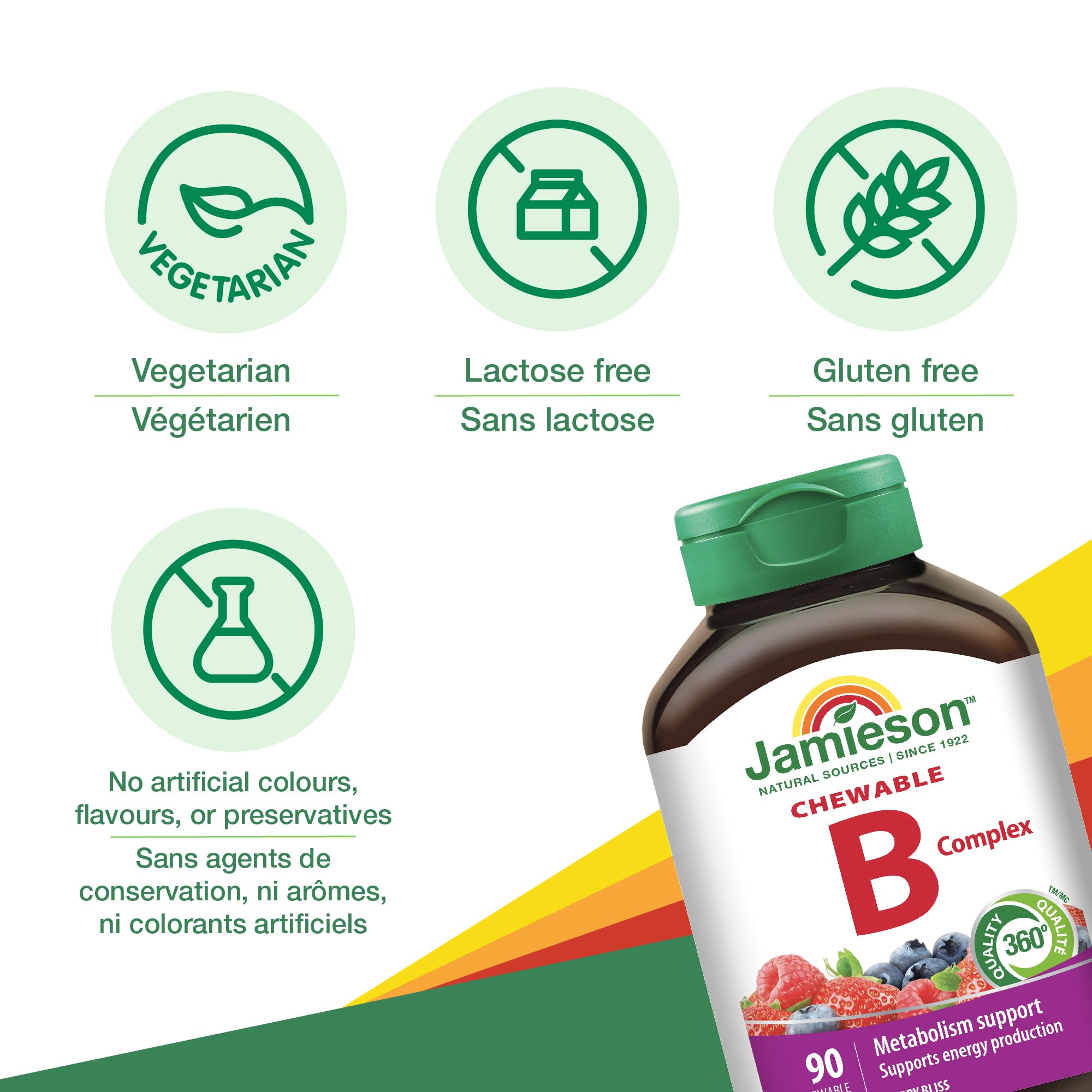 Jamieson Vitamin B Complex, 90 Chewable Tablets, Natural Berry Flavour. Naturally Energizing, Supports Metabolism, Provides Folate. Vegetarian, No Artificial Flavours, Colours or Preservatives 🍁 All In One Marketplace Canada