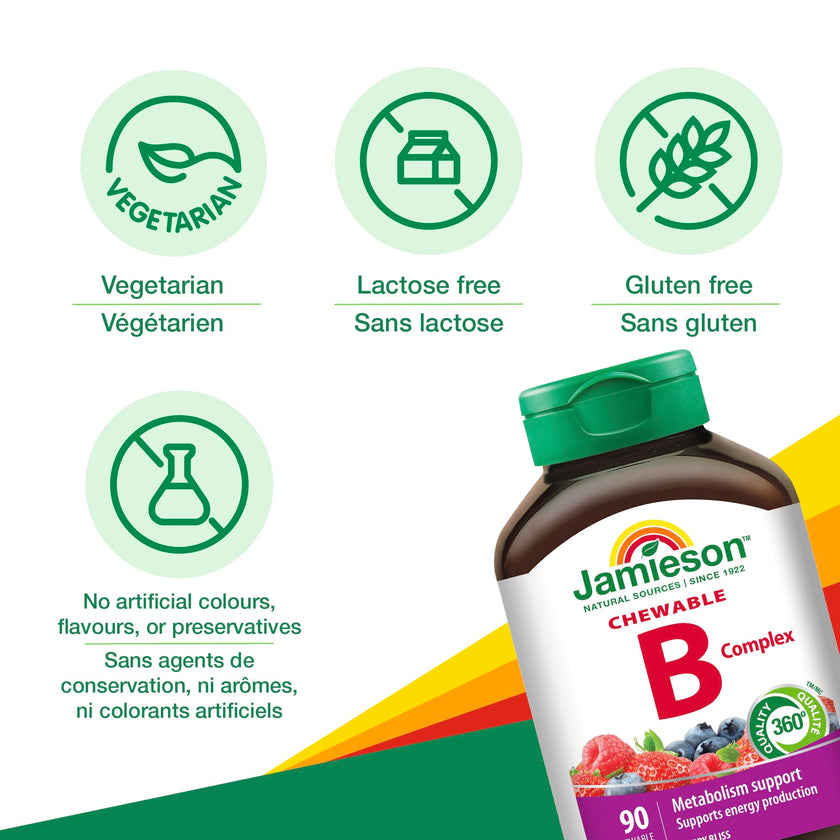 Jamieson Vitamin B Complex, 90 Chewable Tablets, Natural Berry Flavour. Naturally Energizing, Supports Metabolism, Provides Folate. Vegetarian, No Artificial Flavours, Colours or Preservatives 🍁 All In One Marketplace Canada