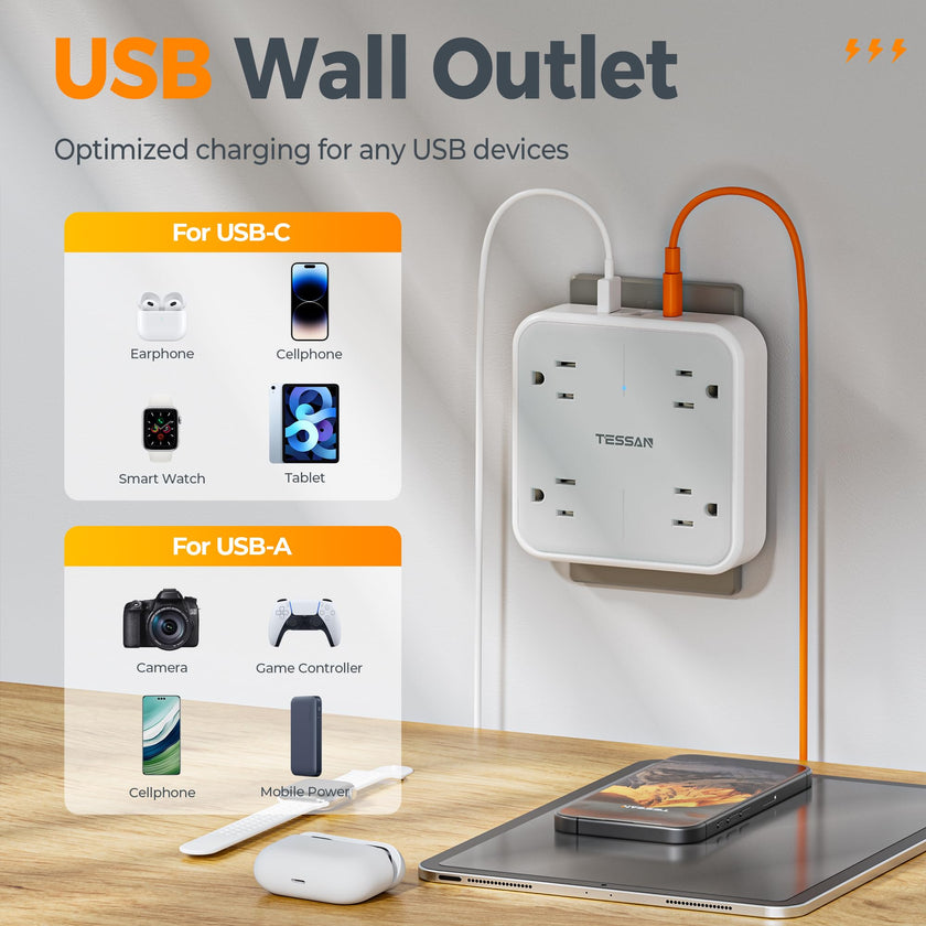 Wall Outlet Extender, TESSAN 4 Multi Plug Outlet Splitter with 1 USB C and 2 USB A Charging Ports, Multiple Plug Extension Block with Surge Protector for Home, Kitchen, Office, Dorm, Gray 🍁 All In One Marketplace Canada