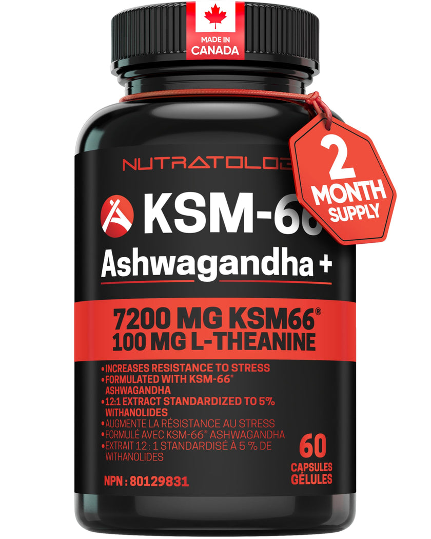 Nutratology® Ashwagandha KSM-66 7200MG + L-Theanine 100MG - Made In Canada | Stress Relief Supplements - Relaxation & Mood Support - Formulated With Bioperine For Enhanced Absorption - 60 Capsules 🍁 All In One Marketplace Canada