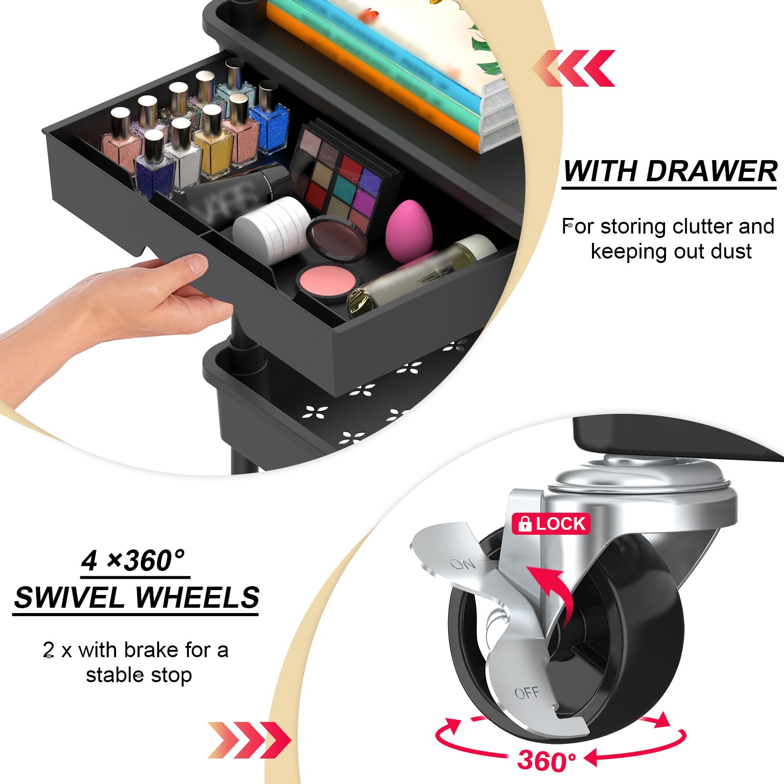 Goovilla 3 Tier Rolling Utility Cart Organizer with Removable Drawer, Stable and Sturdy Black Rolling Storage Carts with 2 Lockable Wheels for Bathroom, Kitchen, Snack, Craft, Makeup, Baby Essentials 🍁 All In One Marketplace Canada