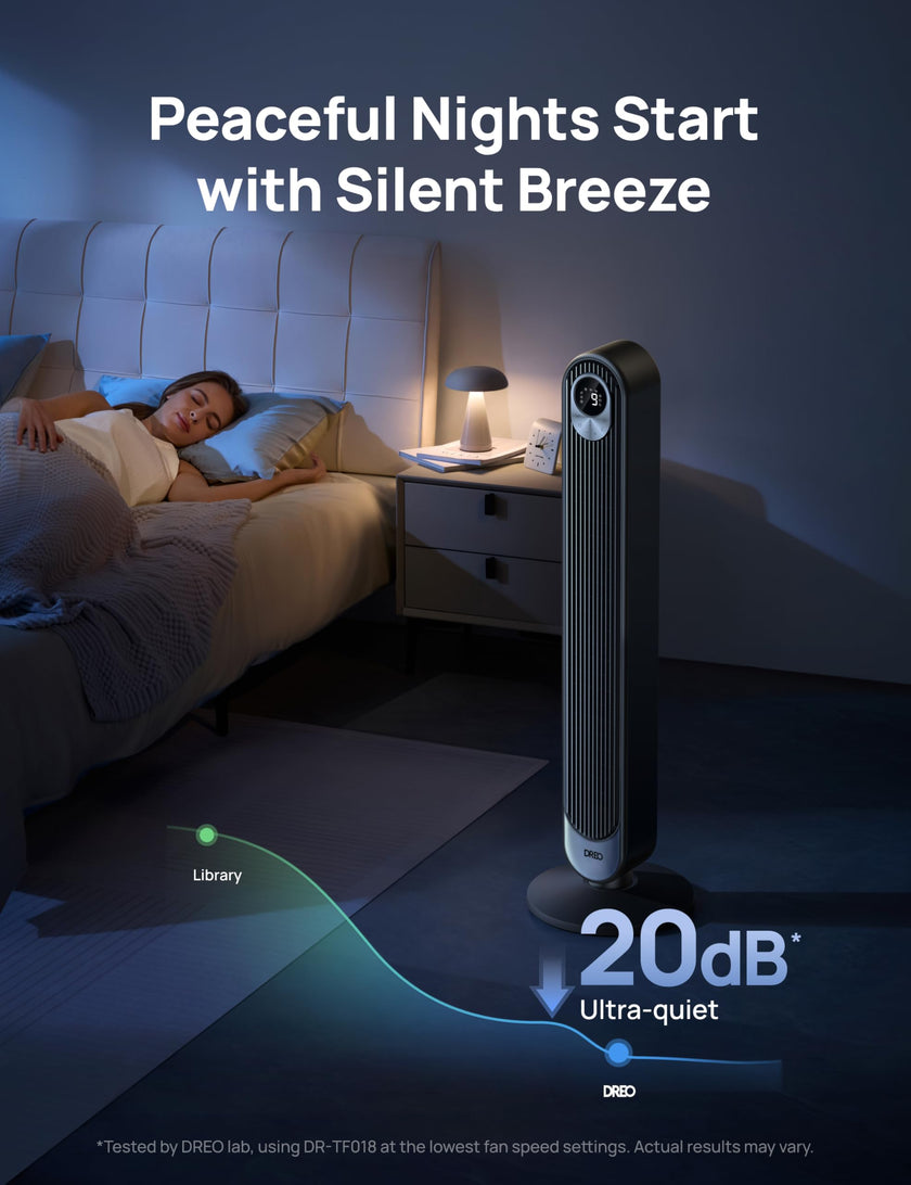 DREO Tower Fan for Bedroom, DC Motor, 28 ft/s, 20dB Quiet Oscillating Bladeless Fan with Remote, 9 Speeds, 4 Modes, 12H Timer, LED Display, Standing Floor Fan Powerful for Indoor Home Office Room 🍁 All In One Marketplace Canada