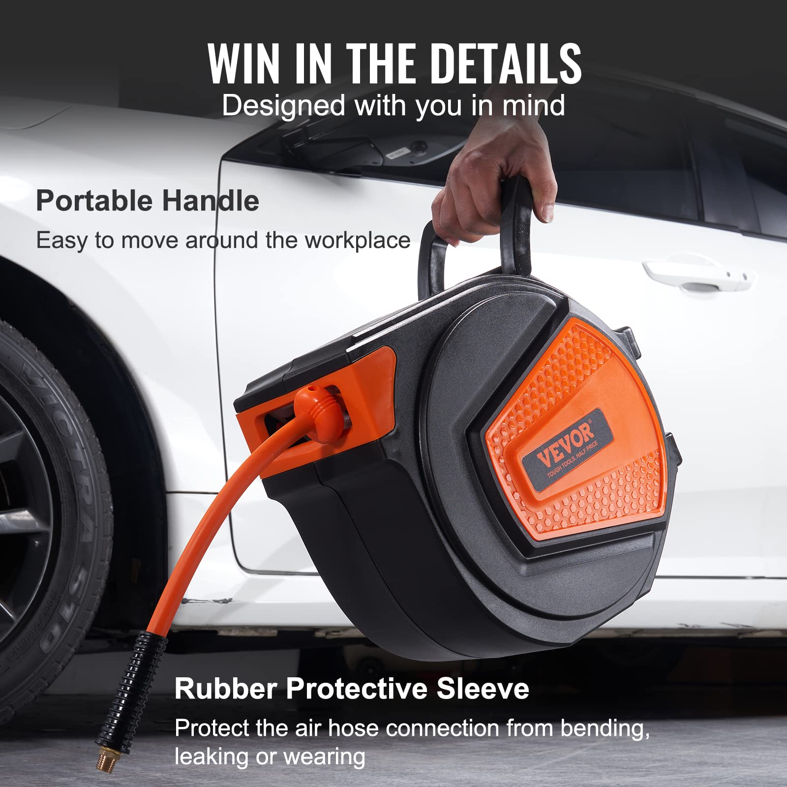 VEVOR Retractable Air Hose Reel, 3/8 in x 50 FT Hybrid Air Hose Max 300PSI, Air Compressor Hose Reel with 5 ft Lead in, Ceiling/Wall Mount Enclosed Air Reel, 180° Swivel Mount 🍁 All In One Marketplace Canada
