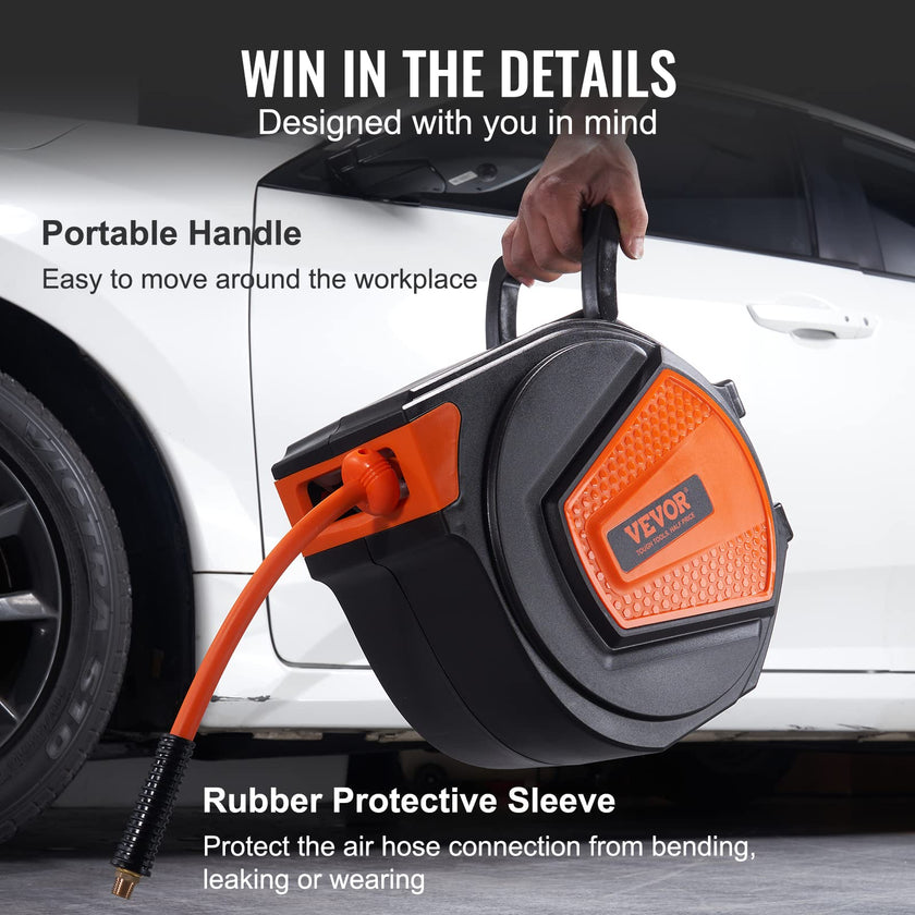 VEVOR Retractable Air Hose Reel, 3/8 in x 50 FT Hybrid Air Hose Max 300PSI, Air Compressor Hose Reel with 5 ft Lead in, Ceiling/Wall Mount Enclosed Air Reel, 180° Swivel Mount 🍁 All In One Marketplace Canada