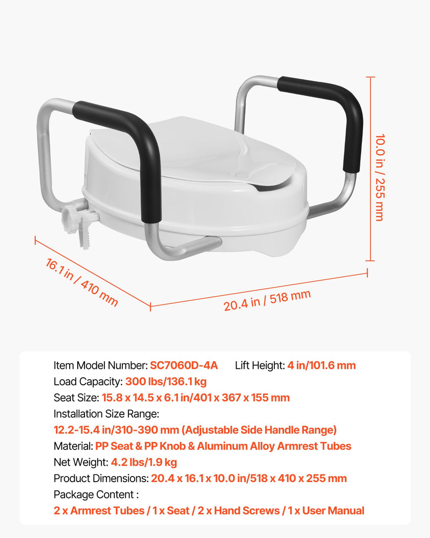 VEVOR Raised Toilet Seat with Arms, 300 lbs Load Capacity, 4-Inch Lift Height, Widened Commode Elevated Toilet Seat Riser with Padded Handles for Seniors, Elderly, Handicap, Disabled, and Adults Use 🍁 All In One Marketplace Canada
