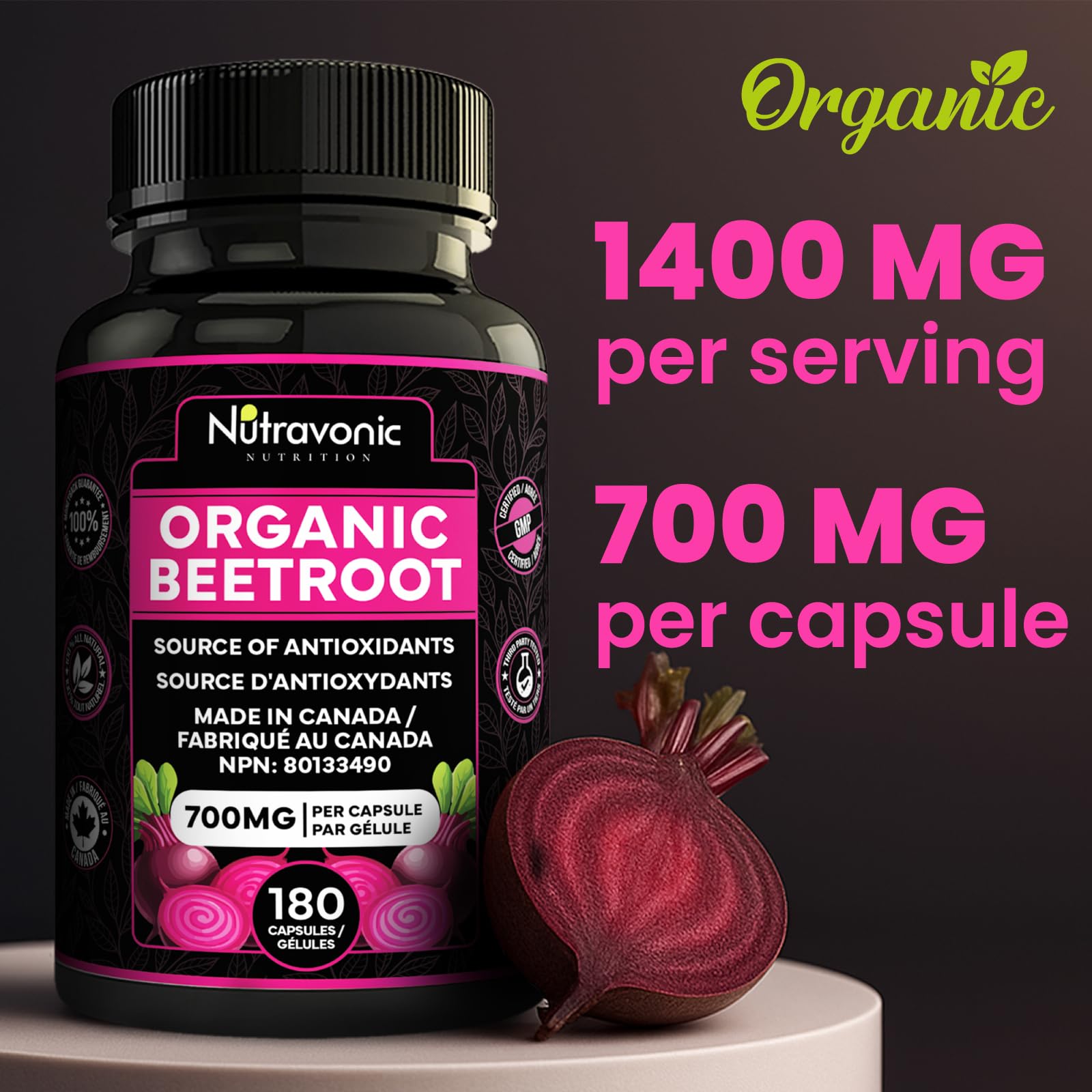 *BONUS SIZE* 180 Capsules of High Potency Organic Beetroot Capsules | 1,400mg per serving (700mg per capsule x2) Canadian Made Beet Root Powder | Antioxidant Support | Support Active Energy Lifestyle | A Natural Super Food | Quality Assured