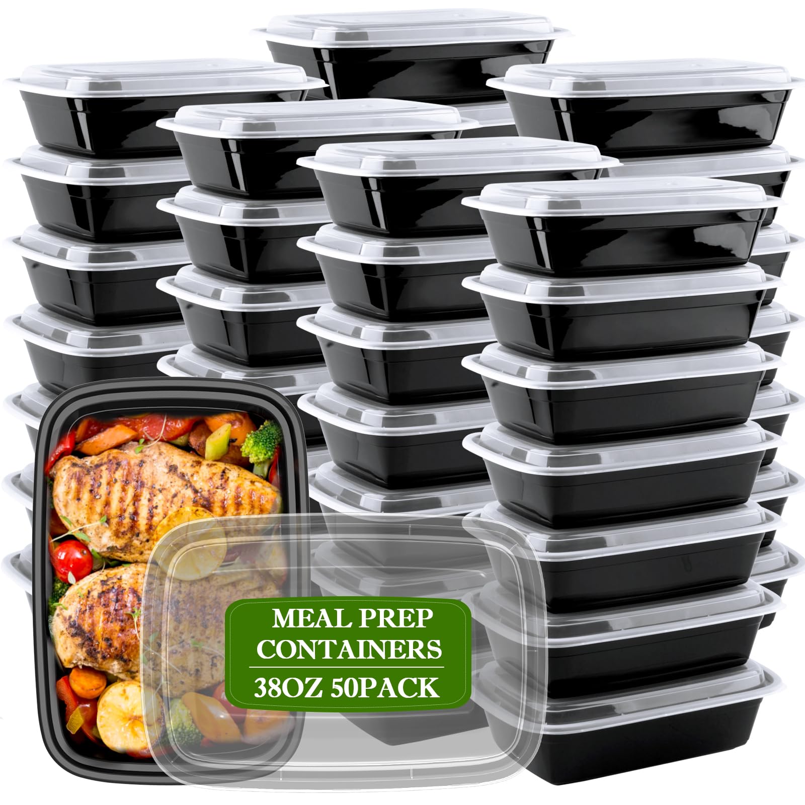 Meal Prep Containers Reusable 38oz - Food Containers with Lids 50 Pack, Disposable to Go Containers, Leakproof Food Prep Containers, Stackable, Takeout, BPA-Free, Microwave/Freezer Safe 🍁 All In One Marketplace Canada