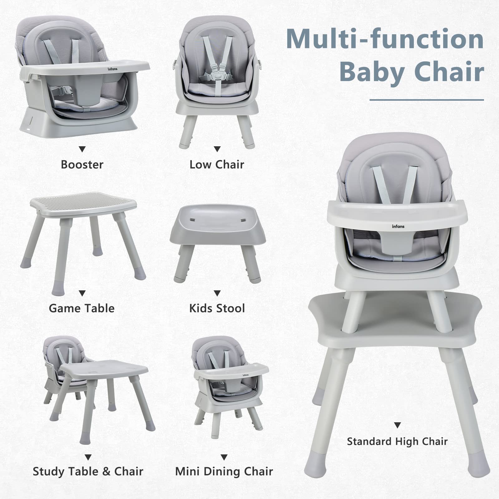 INFANS 8 in 1 Baby High Chair, Convertible Highchair for Babies and Toddlers, Infant Dining Booster Seat, Building Block Table, Kids Stool Table Chair Set with Removable Tray (Grey) 🍁 All In One Marketplace Canada