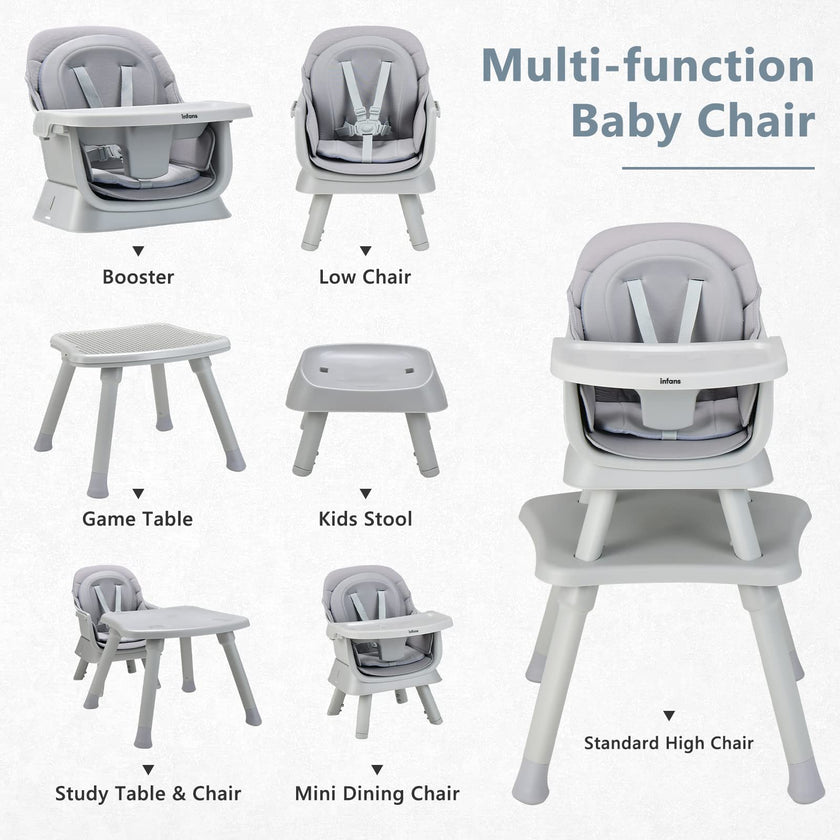 INFANS 8 in 1 Baby High Chair, Convertible Highchair for Babies and Toddlers, Infant Dining Booster Seat, Building Block Table, Kids Stool Table Chair Set with Removable Tray (Grey) 🍁 All In One Marketplace Canada