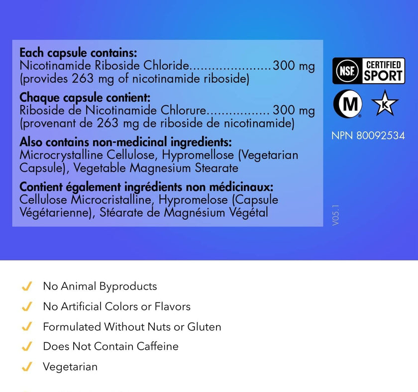 NAD Supplement 300mg per Serving - 30 Day Supply, Clinically Proven to Increase NAD+, Patented Nicotinamide Riboside, Cellular Health & Energy Metabolism, Health Canada Licenced, 30 Capsules 🍁 All In One Marketplace Canada