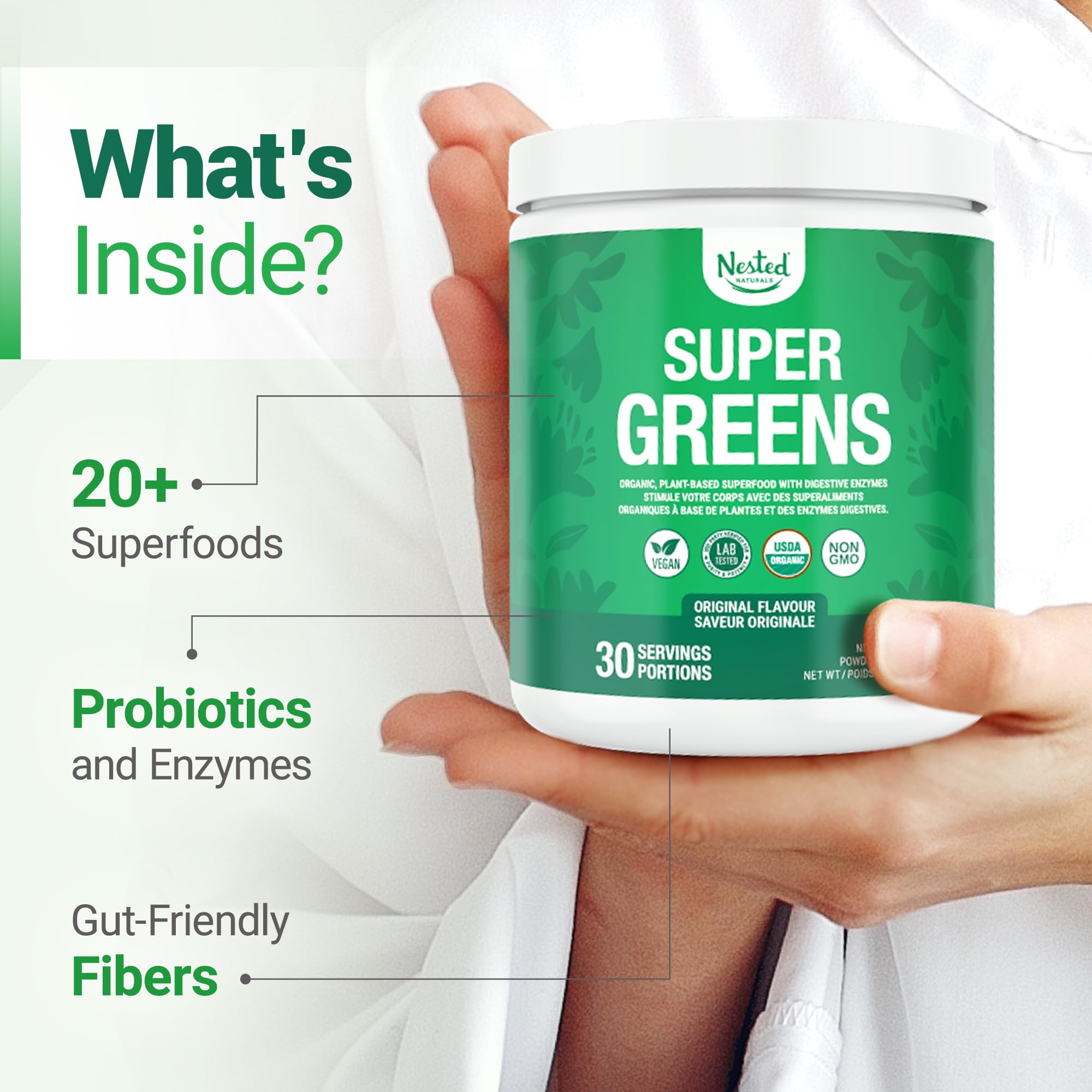 Nested Naturals Super Greens Powder - Organic Daily Greens Superfood Powder w/ 20+ Whole Foods, Spirulina, Wheat Grass & Barley Grass - Probiotics, Fiber & Enzymes - USDA Certified Organic, Original Flavour, 30 Servings 🍁 All In One Marketplace Canada