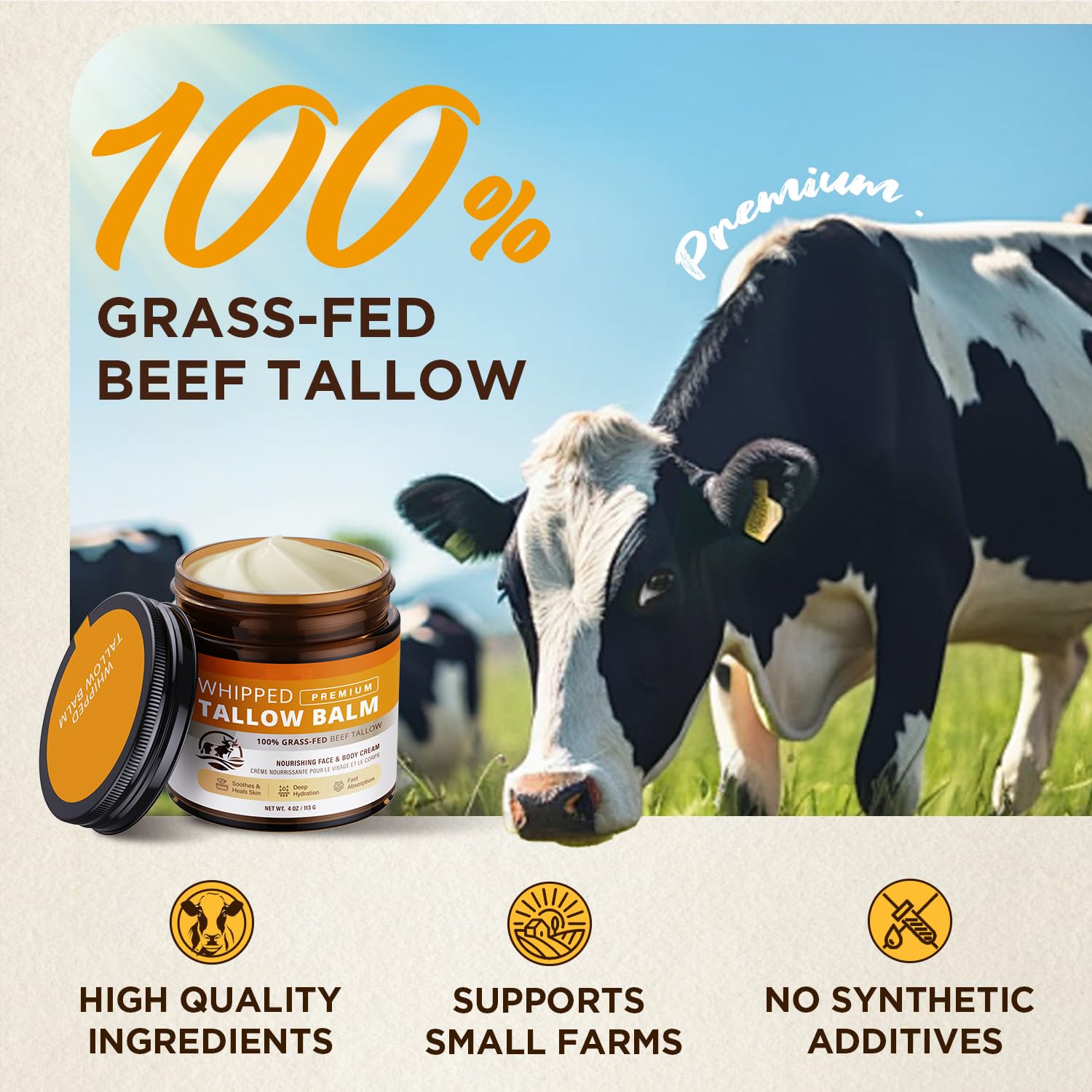 Beef Tallow Skincare Moisturizer for Face: 100% Grass-Fed Beef Tallow Balm - All Natural Tallow Face Cream Soft Smooth for Eczema and Dry Skin 4oz 🍁 All In One Marketplace Canada