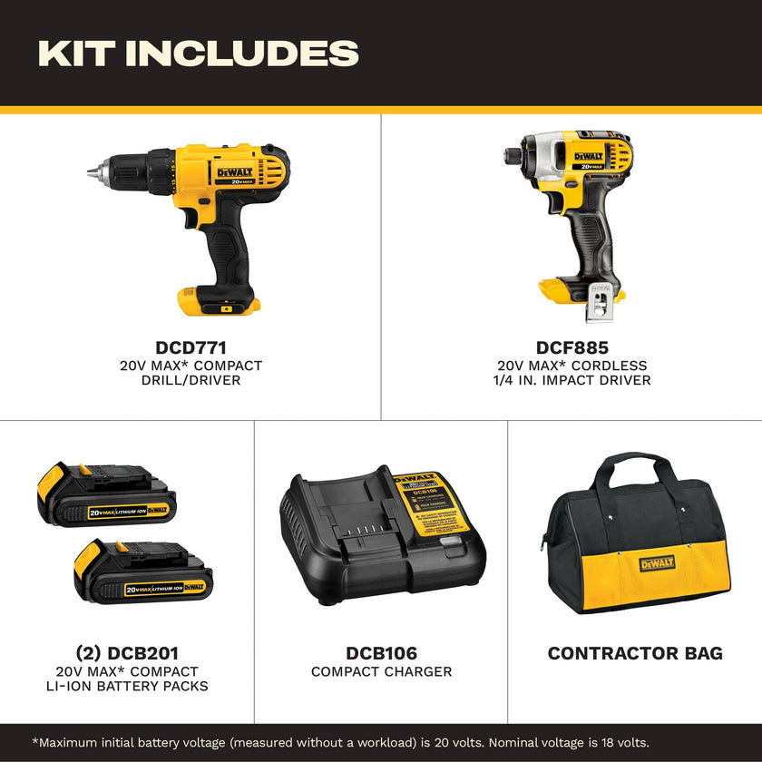 DEWALT 20V Max Cordless Drill Combo Kit, 2-Tool (DCK240C2),Yellow/Black Drill Driver/Impact Combo Kit 🍁 All In One Marketplace Canada