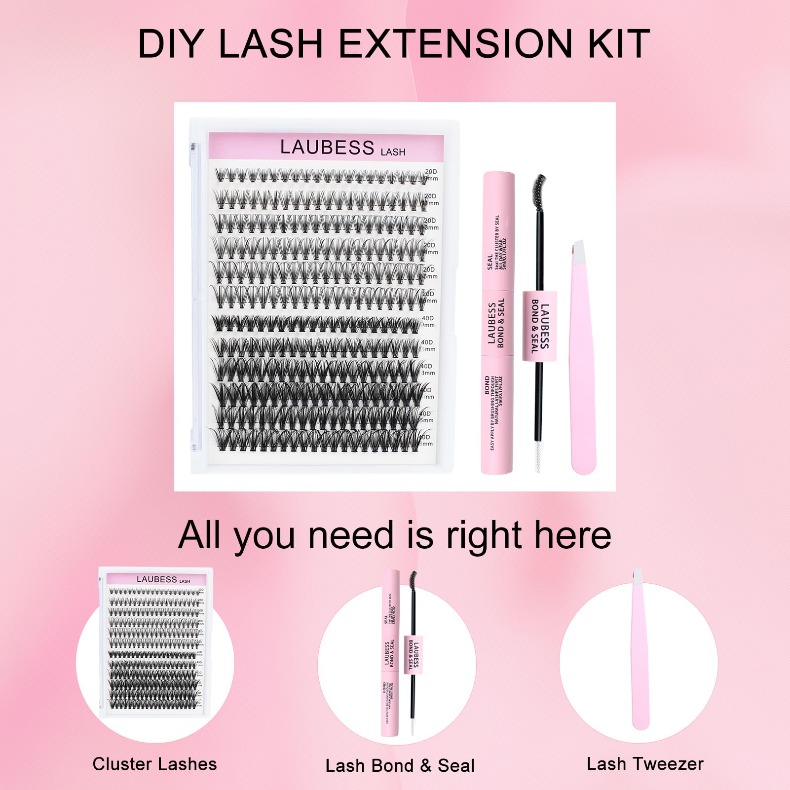 Lash Extension Kit 20D+40D Clusters With Bond and Seal - Waterproof DIY Eyelash Extension Set With Tweezers (Set 20D/40D-0.07D-9-16Mix) 🍁 All In One Marketplace Canada