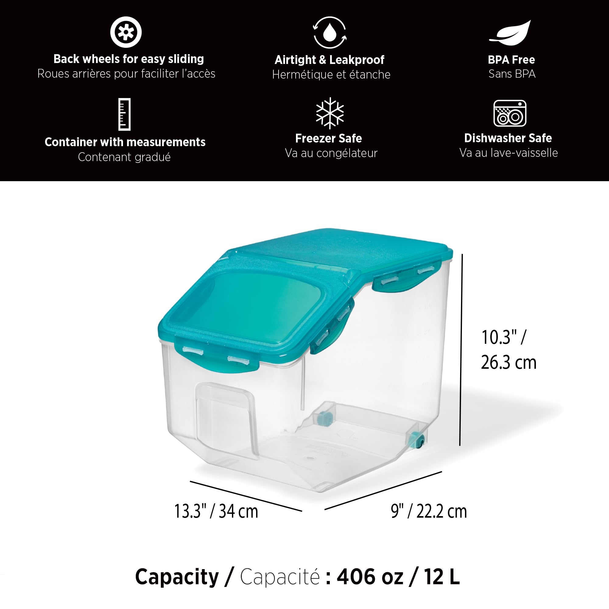 Starfrit LocknLock Plastic Pantry Container with Wheels - 406oz/12L - Airtight - 4-Sided Locking Flip-Top Lid 🍁 All In One Marketplace Canada