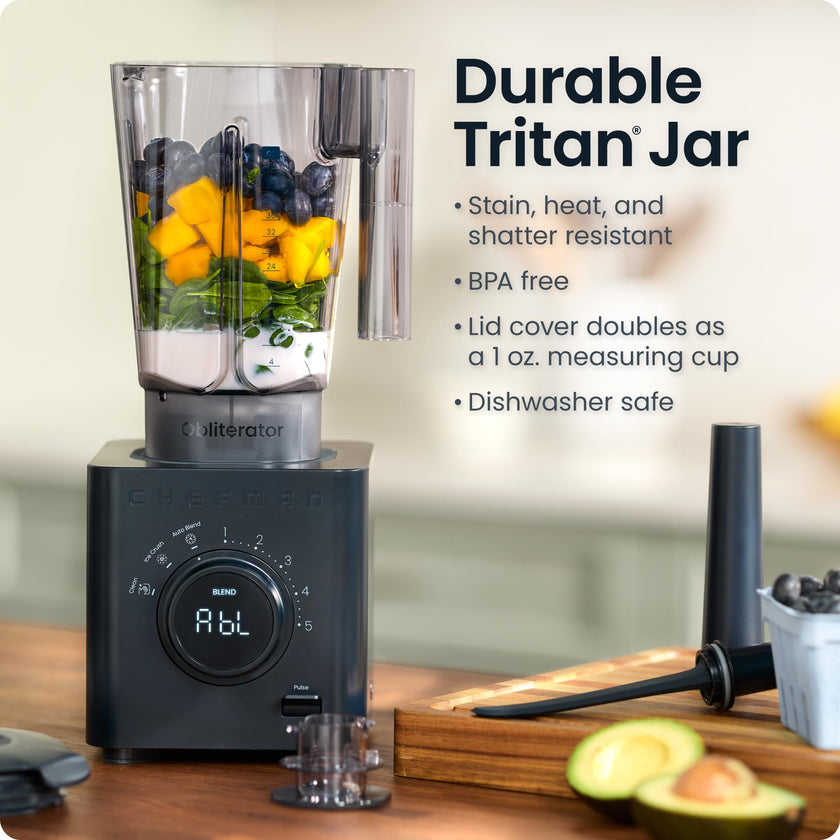 Chefman Obliterator 48 oz Countertop Blender for Smoothies, 1380W Motor to Crush Ice, Nuts, and Frozen Fruit with Stainless Steel Blade, Auto Blend Function, Includes 20 oz Travel Jar - Midnight 🍁 All In One Marketplace Canada