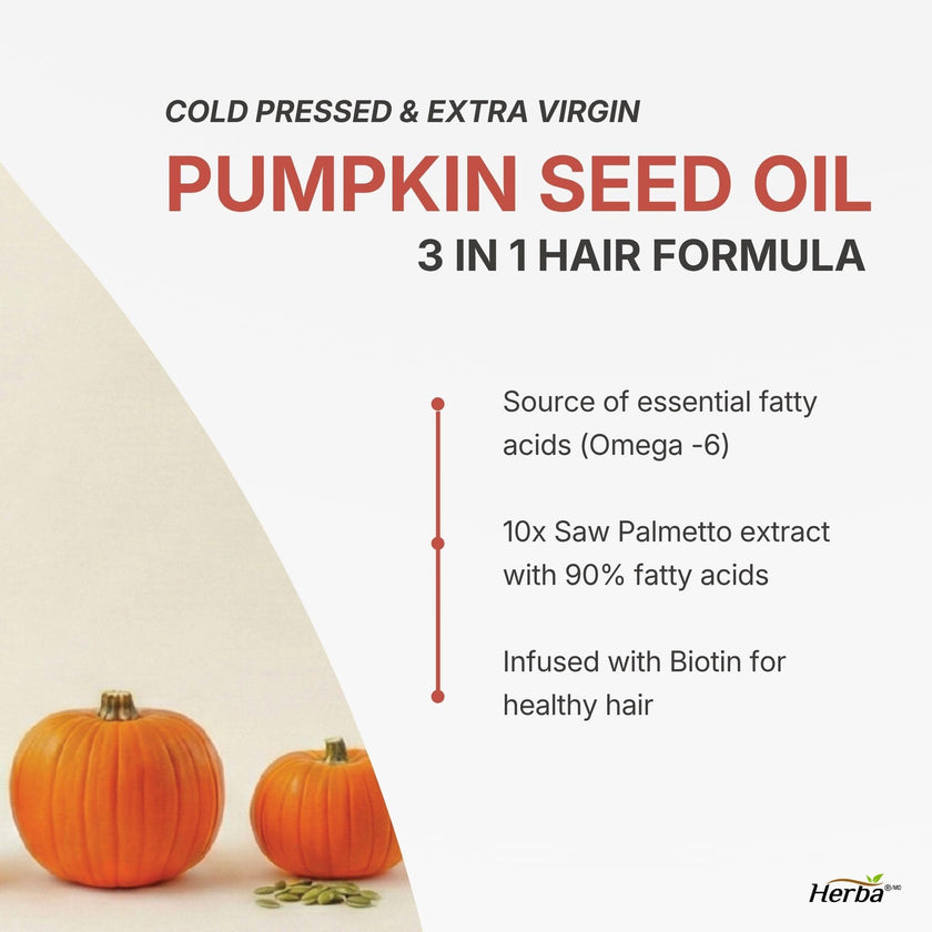 Herba Pumpkin Seed Oil Capsules for Hair - 90 Softgels | 3 in 1 with Saw Palmetto and Biotin | Cold Pressed, Extra Virgin, and Non GMO | Made in Canada 🍁 All In One Marketplace Canada