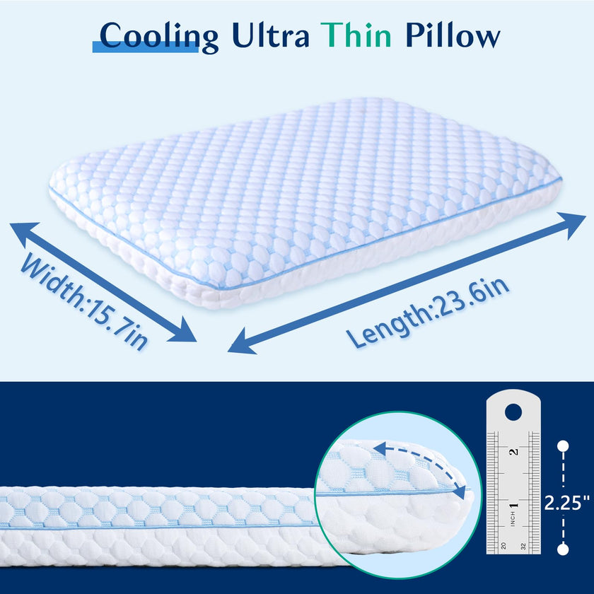 Ultra Thin Pillow for Sleeping- Cooling Gel Flat Pillow for Stomach and Back Sleepers, Slim Stomach Sleeping Pillows, Low Profile Memory Foam Pillows with Washable Cover 🍁 All In One Marketplace Canada
