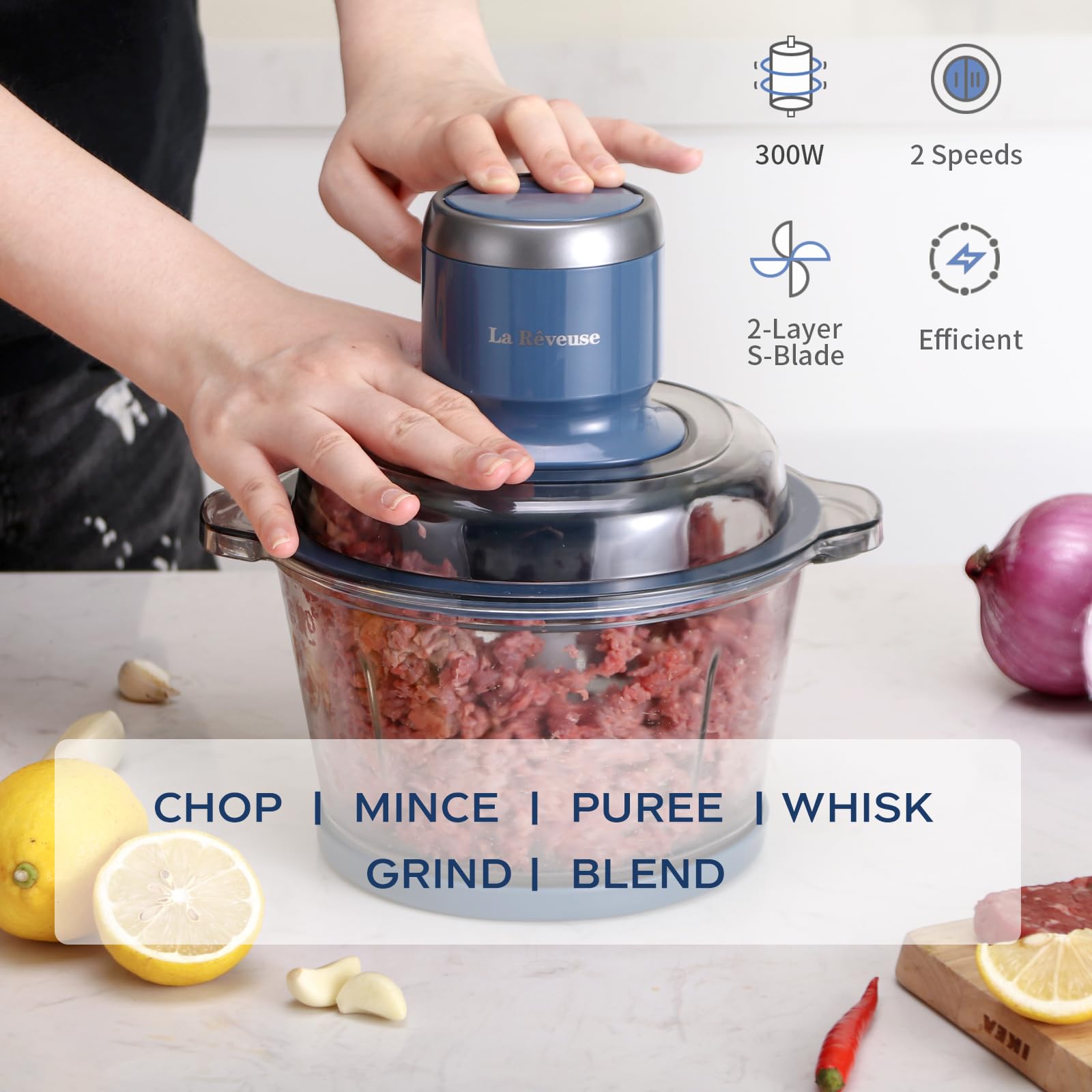 La Reveuse Food Processor,Electric Food Chopper with 7-Cup (1.7L) Glass Bowl, 4 Bi-Level Blades for Chopping,Grinding,Mincing,Whisking,Meal Prep,300W,Blue 🍁 All In One Marketplace Canada