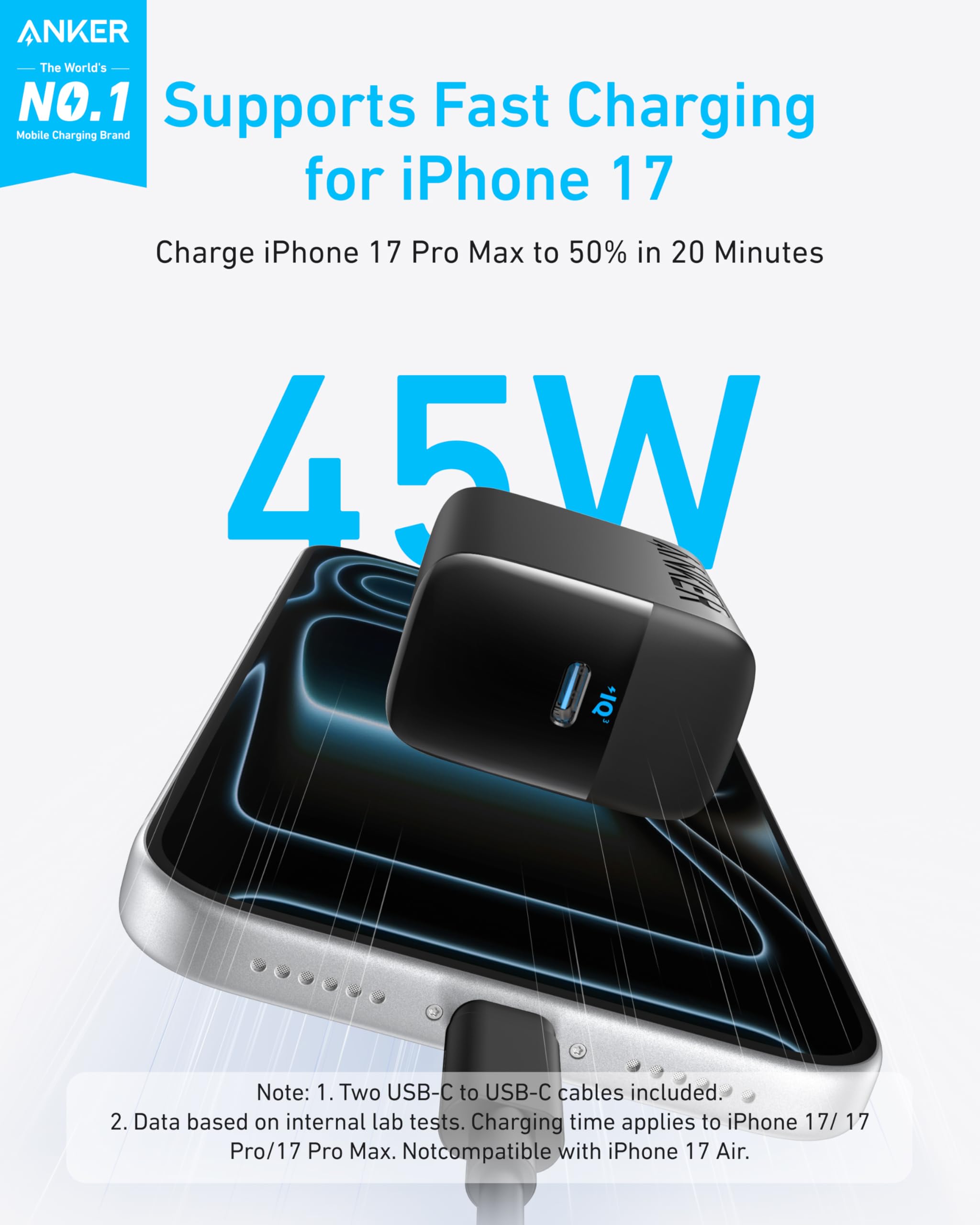 Anker 45W USB C Charger Block, PPS Fast Charger with USB-C Cable for iPhone 17/16/15 and More Series, iPad, Galaxy S24 Ultra (2-Pack 5 ft Cable Included) 🍁 All In One Marketplace Canada