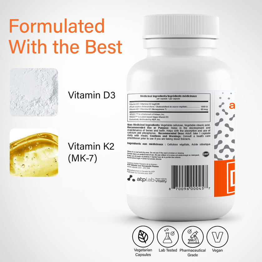 ATP LAB Vitamin D3K2 Supplement - 60 Vegetarian Capsules - 60 Day Supply - Plant-Based K2 MK-7 60 mcg & D3 1000 IU - Supports Bone & Teeth Health 🍁 All In One Marketplace Canada