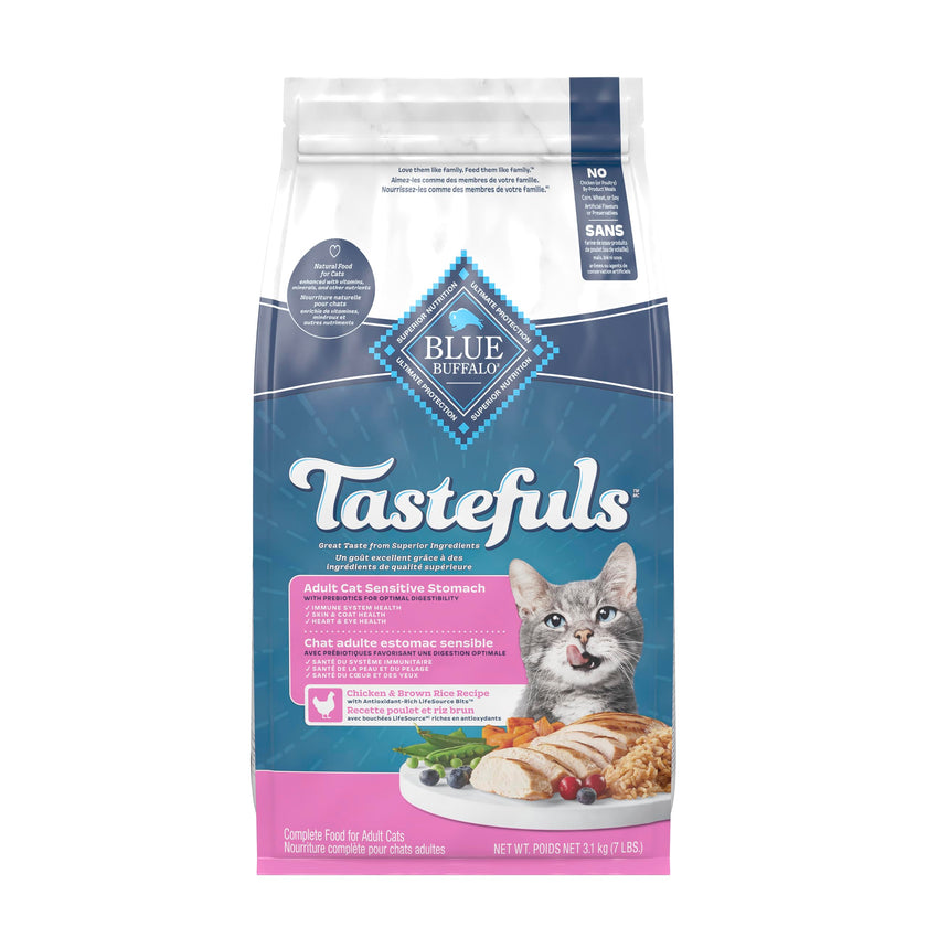 Blue Buffalo Tastefuls Chicken & Brown Rice Recipe Sensitive Stomach Adult Dry Cat Food, Real Chicken First, Deliciously Healthy Natural Cat Food, Natural Ingredients, Supports Digestion, 3.1kg Bag 🍁 All In One Marketplace Canada