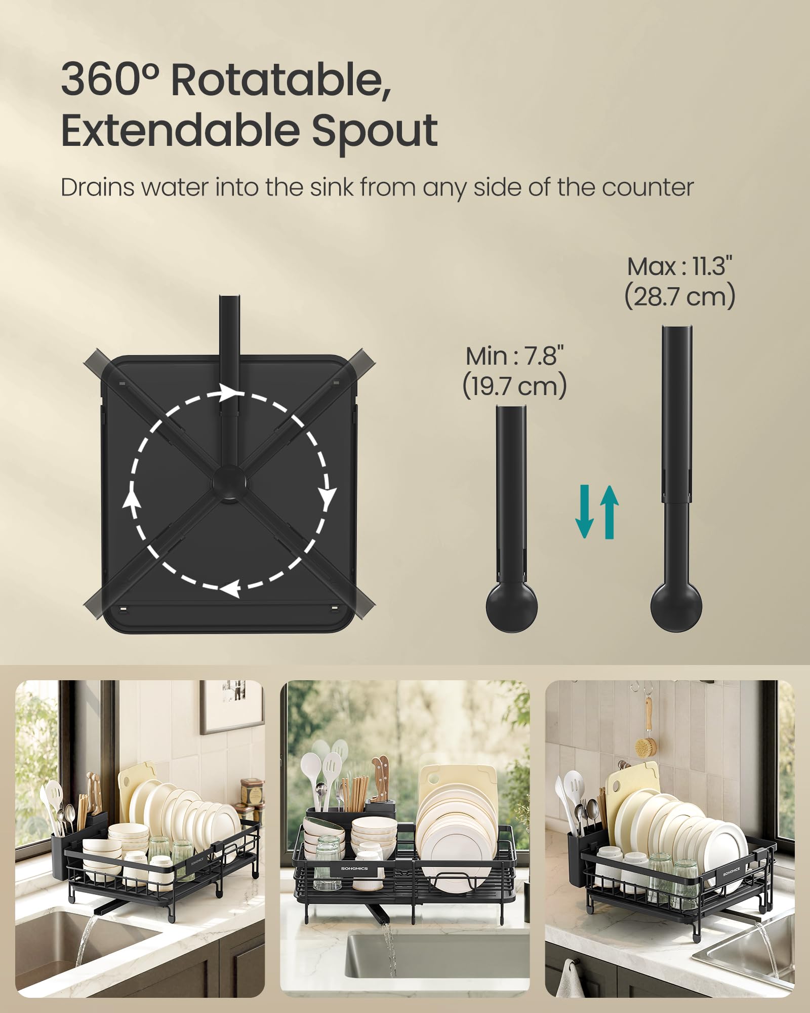 SONGMICS Dish Drainer Rack, Large Extendable Draining Board Rack for Small Spaces, 360° Rotating Extendable Spout, Kitchen Sink Drainer, Steel, 46.5 x 29.6 x 14 cm, Ink Black KCS556BH01 🍁 All In One Marketplace Canada