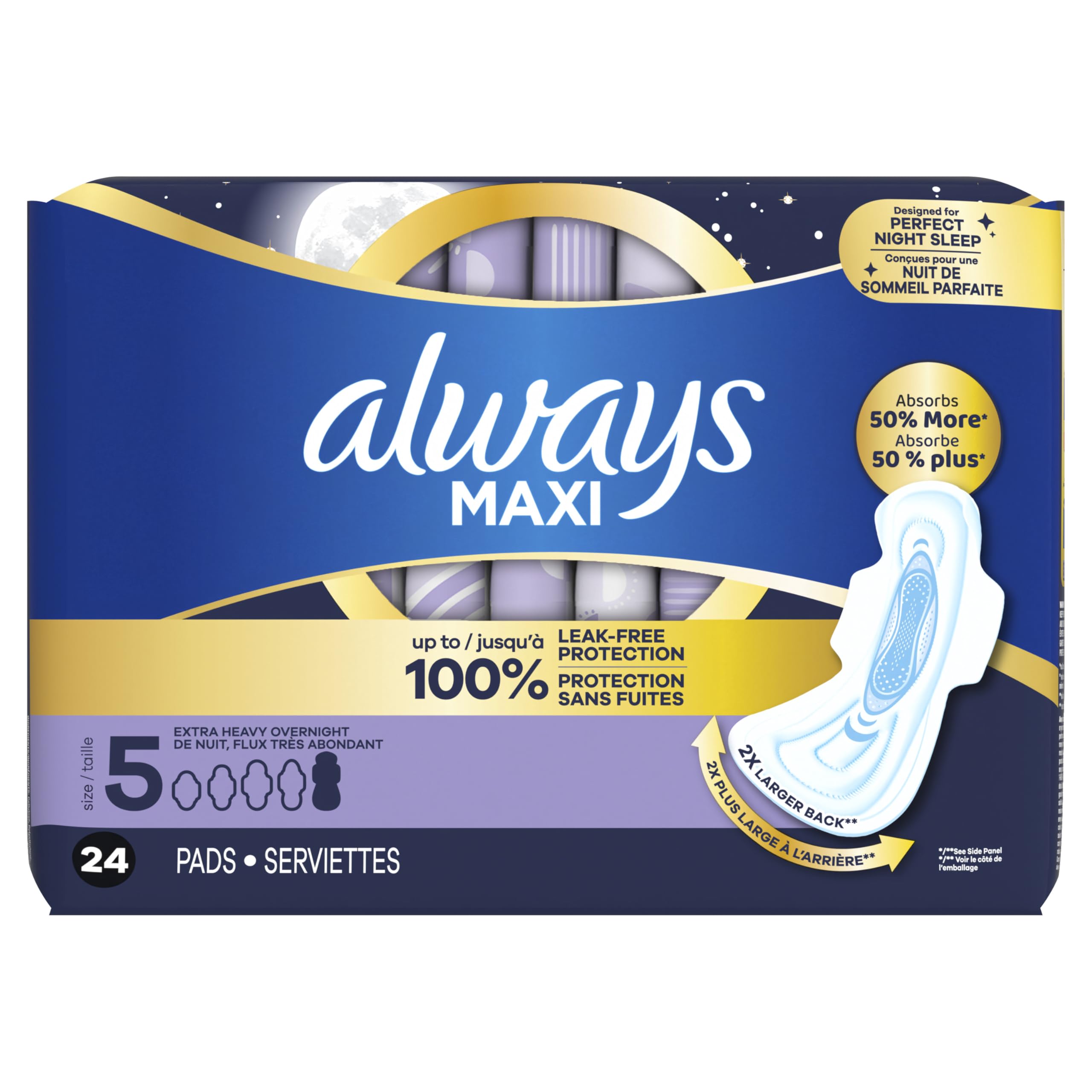 ALWAYS MAXI OVERNIGHT PADS WITH WINGS, SIZE 5, EXTRA HEAVY OVERNIGHT, UNSCENTED, 72 COUNT TOTAL (PACK OF 3) 🍁 All In One Marketplace Canada
