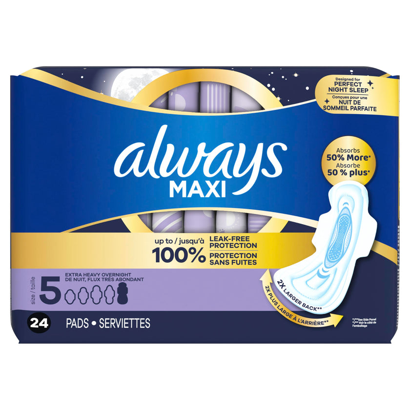 ALWAYS MAXI OVERNIGHT PADS WITH WINGS, SIZE 5, EXTRA HEAVY OVERNIGHT, UNSCENTED, 72 COUNT TOTAL (PACK OF 3) 🍁 All In One Marketplace Canada