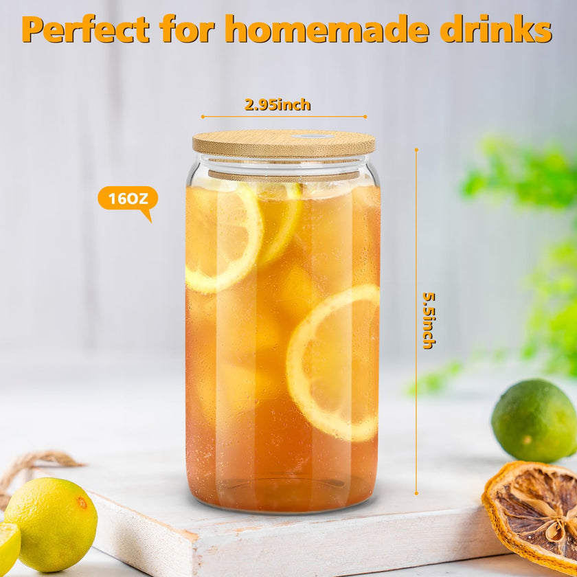 sungwoo Glass Cups with Bamboo Lids and Straws, 16OZ Ice Coffee Cup, Drinking Cup Set with Wooden Lids, Home Essential Glass Tumblers for Beer, Cocktail, Tea and Latte Clear (4) 🍁 All In One Marketplace Canada