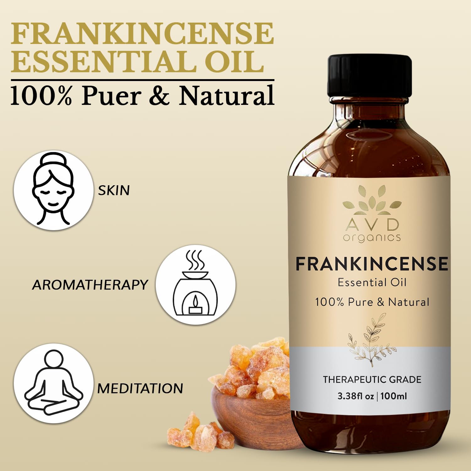 AVD Organics Frankincense Essential Oil 100ml | 100% Pure & Natural Frankincense Oil for Face, Hair | Woody & Earthy Aroma for Diffusers, Soaps & Candles | 3.38 fl. oz 🍁 All In One Marketplace Canada