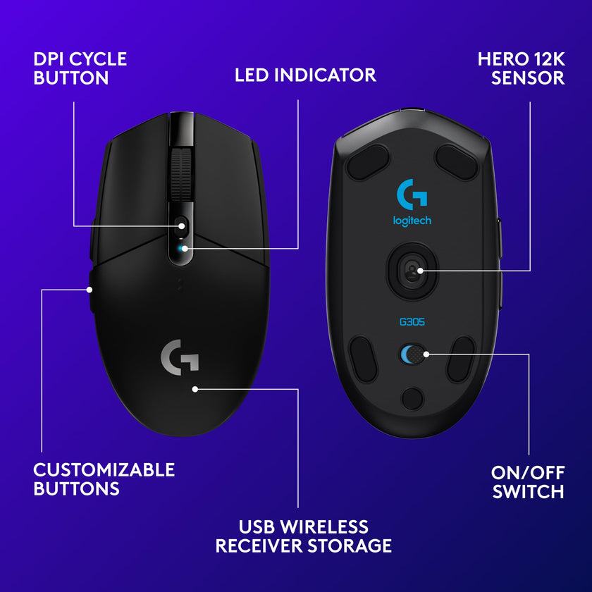 Logitech G305 Lightspeed Wireless Gaming Mouse, Hero Sensor, 12,000 DPI, Lightweight, 6 Programmable Buttons, 250h Battery, On-Board Memory, Compatible with PC, Mac - Black 🍁 All In One Marketplace Canada