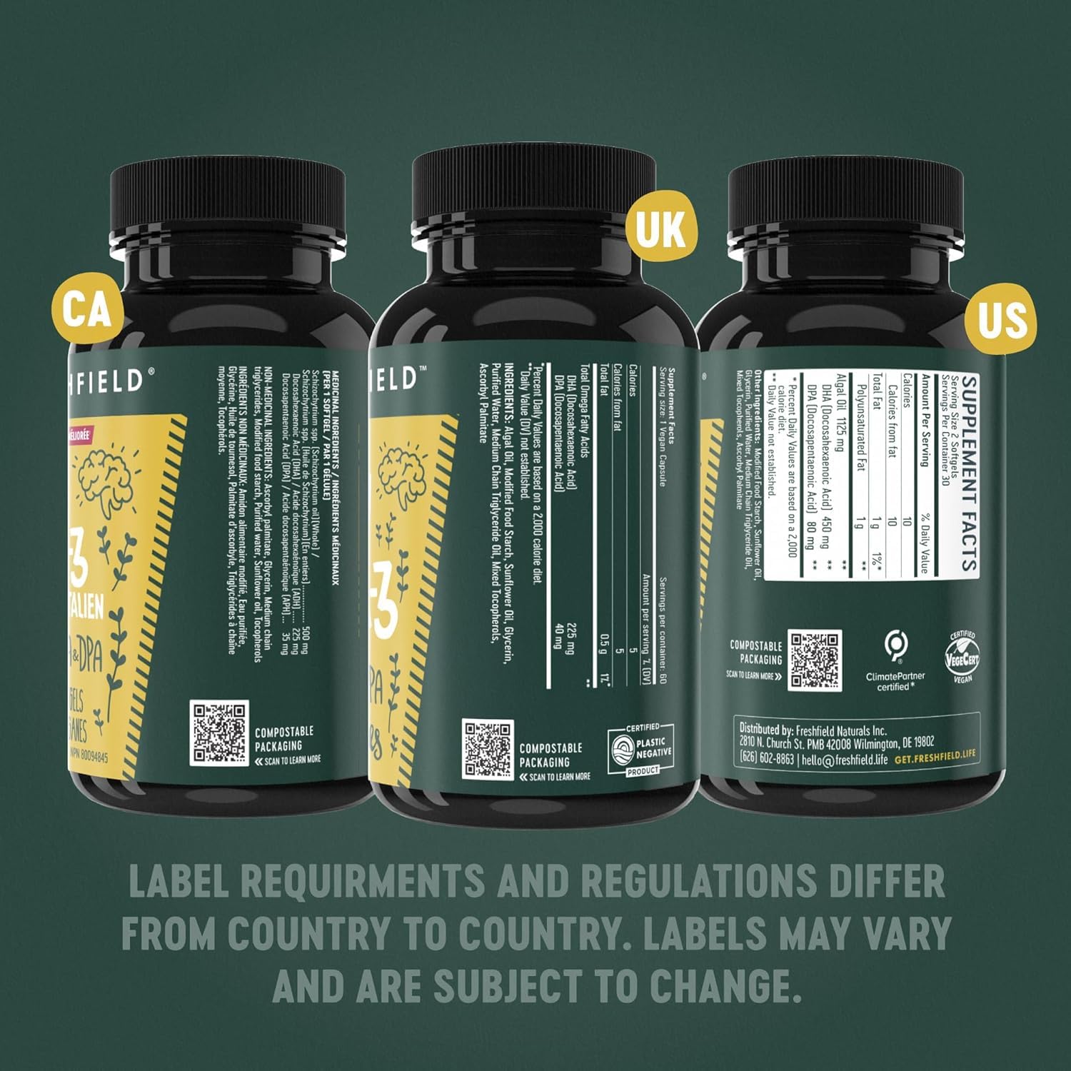 Freshfield Vegan Omega 3, Algae (Algal) Oil, Fish Oil Free Company, Third Party Tested, Carrageenan Free, DHA Supplement w/DPA, Plant Based Omega. Supports Heart, Brain, Joint Health 🍁 All In One Marketplace Canada