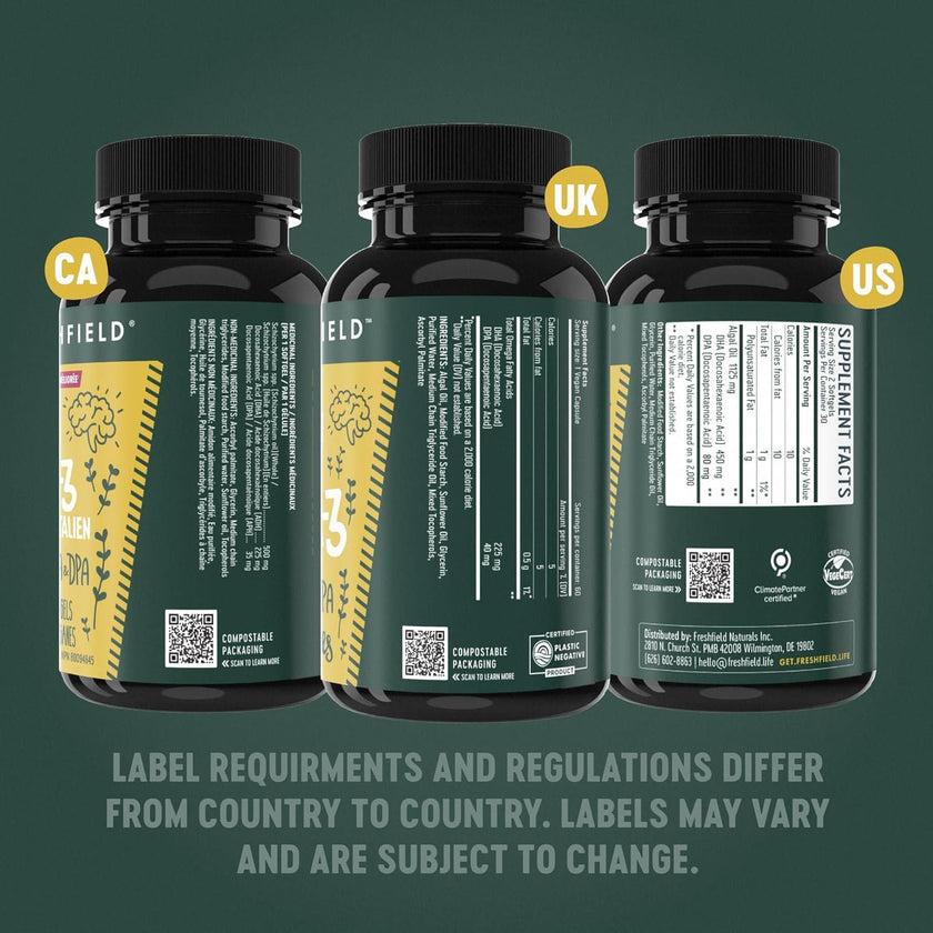 Freshfield Vegan Omega 3, Algae (Algal) Oil, Fish Oil Free Company, Third Party Tested, Carrageenan Free, DHA Supplement w/DPA, Plant Based Omega. Supports Heart, Brain, Joint Health 🍁 All In One Marketplace Canada