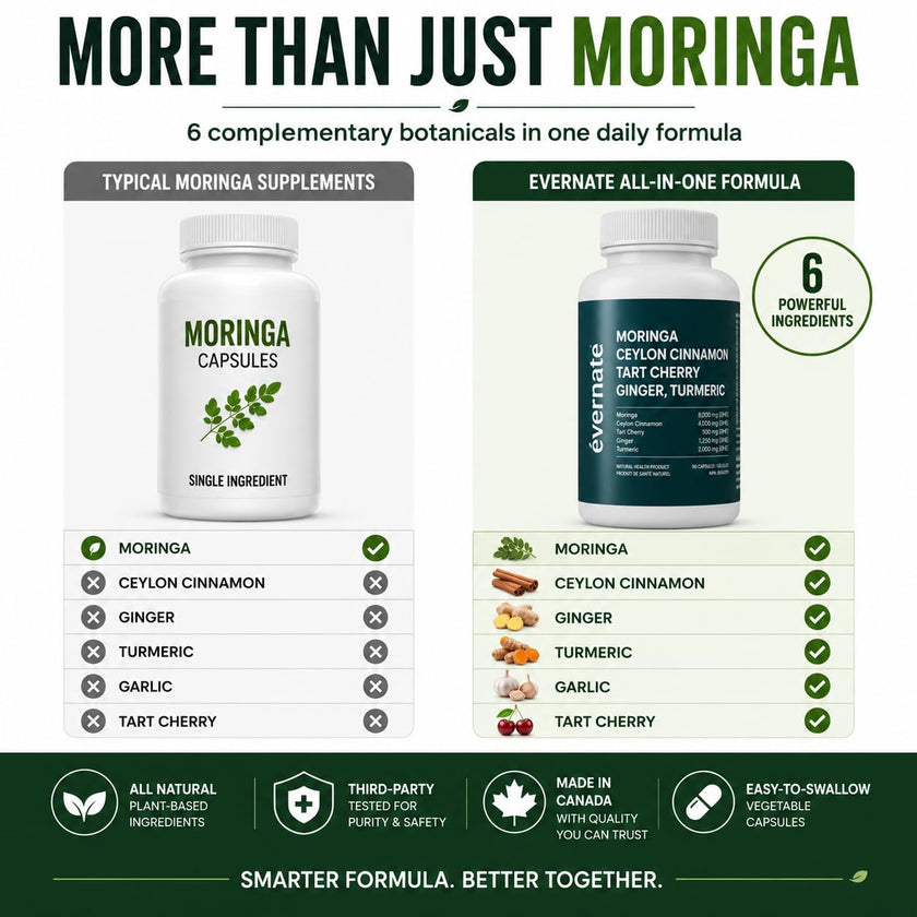 ALL-IN-ONE Moringa 8000 mg with Ceylon Cinnamon 4000 mg, Tart Cherry, Turmeric, Ginger & Garlic (Per Serving: 2 Capsules) – Antioxidant, Detox, Energy & Metabolic Support – Made in Canada 🍁 All In One Marketplace Canada
