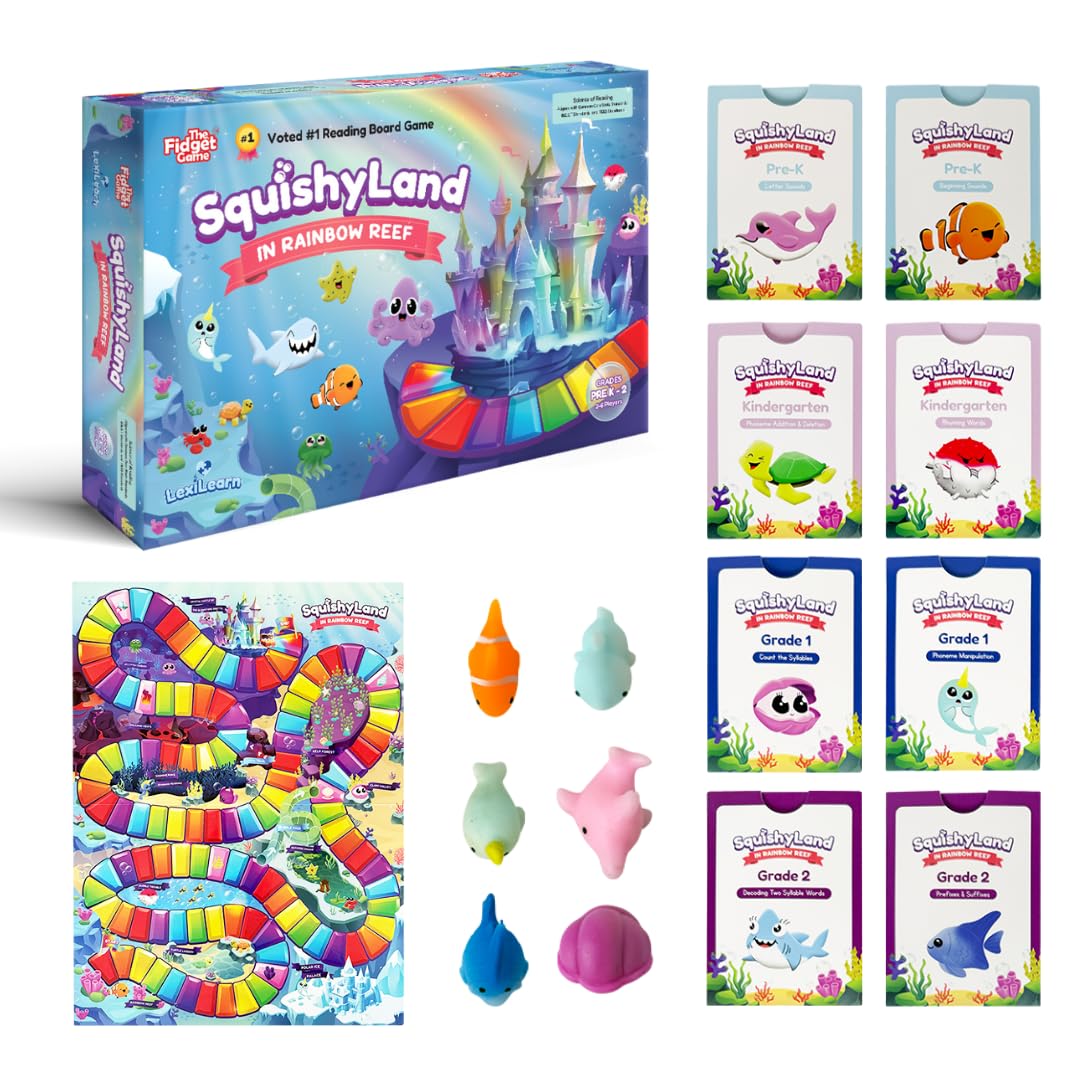 THE FIDGET GAME SquishyLand in Rainbow Reef - Educational & Phonics Learning Activities for Children in Pre-K to 2nd Grade - Mochi Squishy Toys Set with Board Game (2-6 Players) & Card Packs Included 🍁 All In One Marketplace Canada