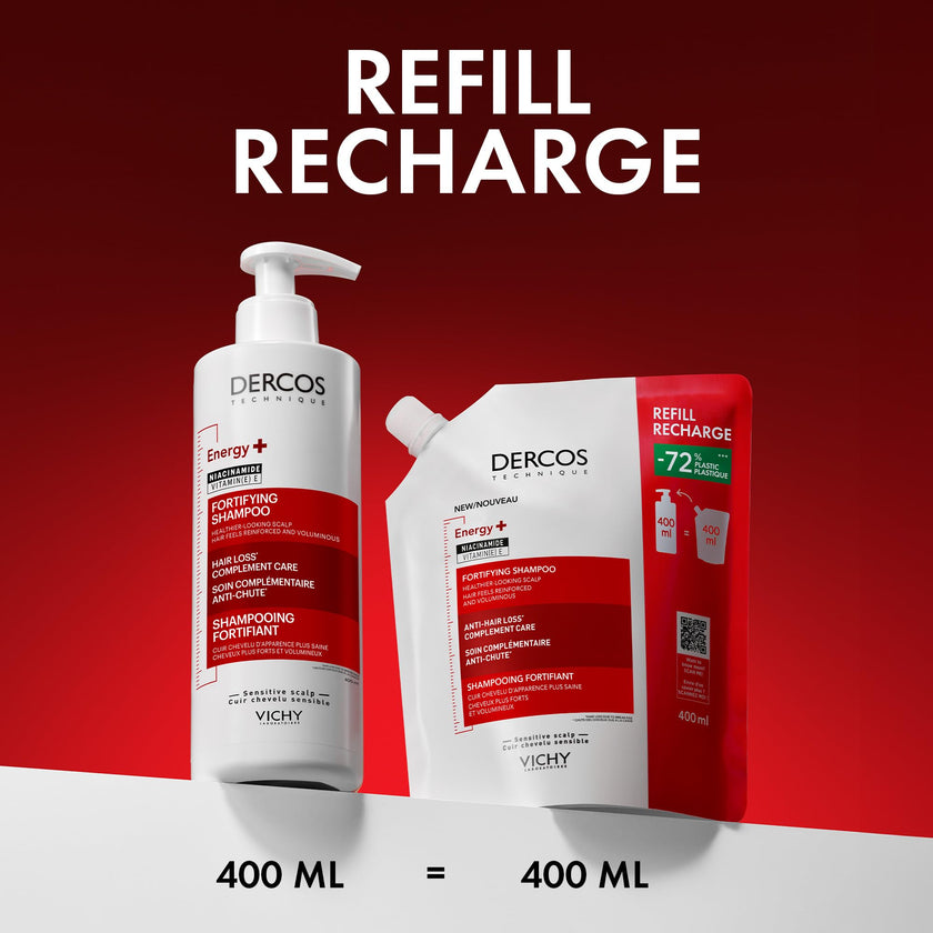 Vichy Fortifying Shampoo Refill, Dercos Energy+ Hair Shampoo with Niacinamide & Vitamin E to Protect, Thicken, & Strengthen Hair. Reduce Frizz & Hair Breakage. Recommended by Dermatologists, 400mL 🍁 All In One Marketplace Canada
