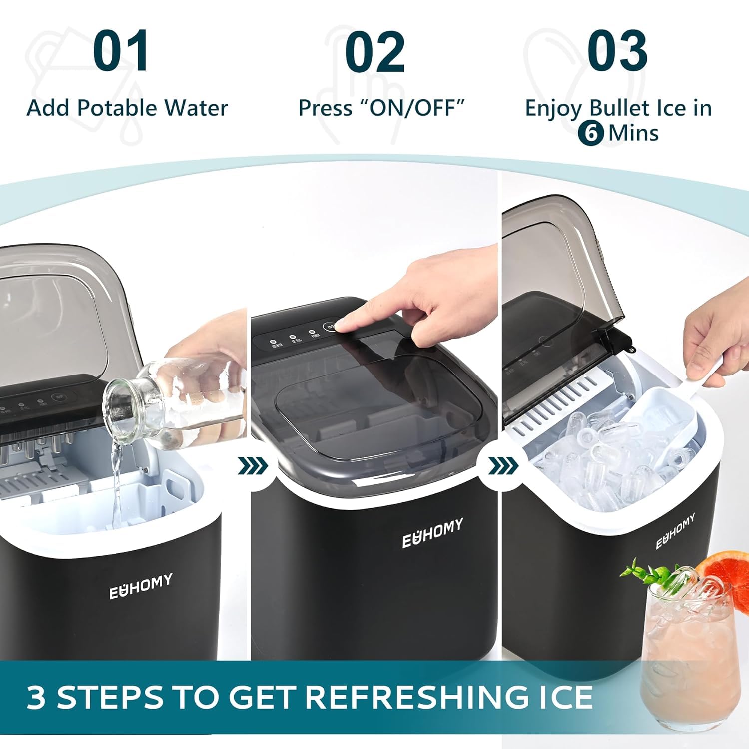 EUHOMY Countertop Ice Maker Machine with Handle, 26.4lbs Per Day, 9 Ice Cubes Ready in 6 Mins, Auto-Cleaning Portable Ice Maker with Basket and Scoop, for Home/Kitchen/Camping/RV (Black) 🍁 All In One Marketplace Canada