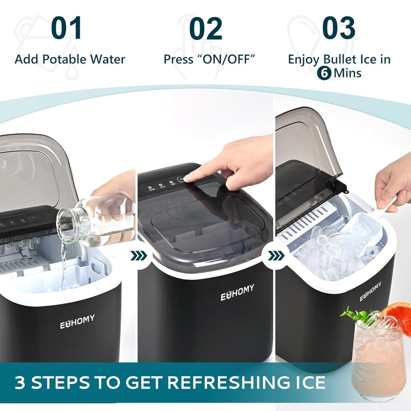 EUHOMY Countertop Ice Maker Machine with Handle, 26.4lbs Per Day, 9 Ice Cubes Ready in 6 Mins, Auto-Cleaning Portable Ice Maker with Basket and Scoop, for Home/Kitchen/Camping/RV (Black) 🍁 All In One Marketplace Canada