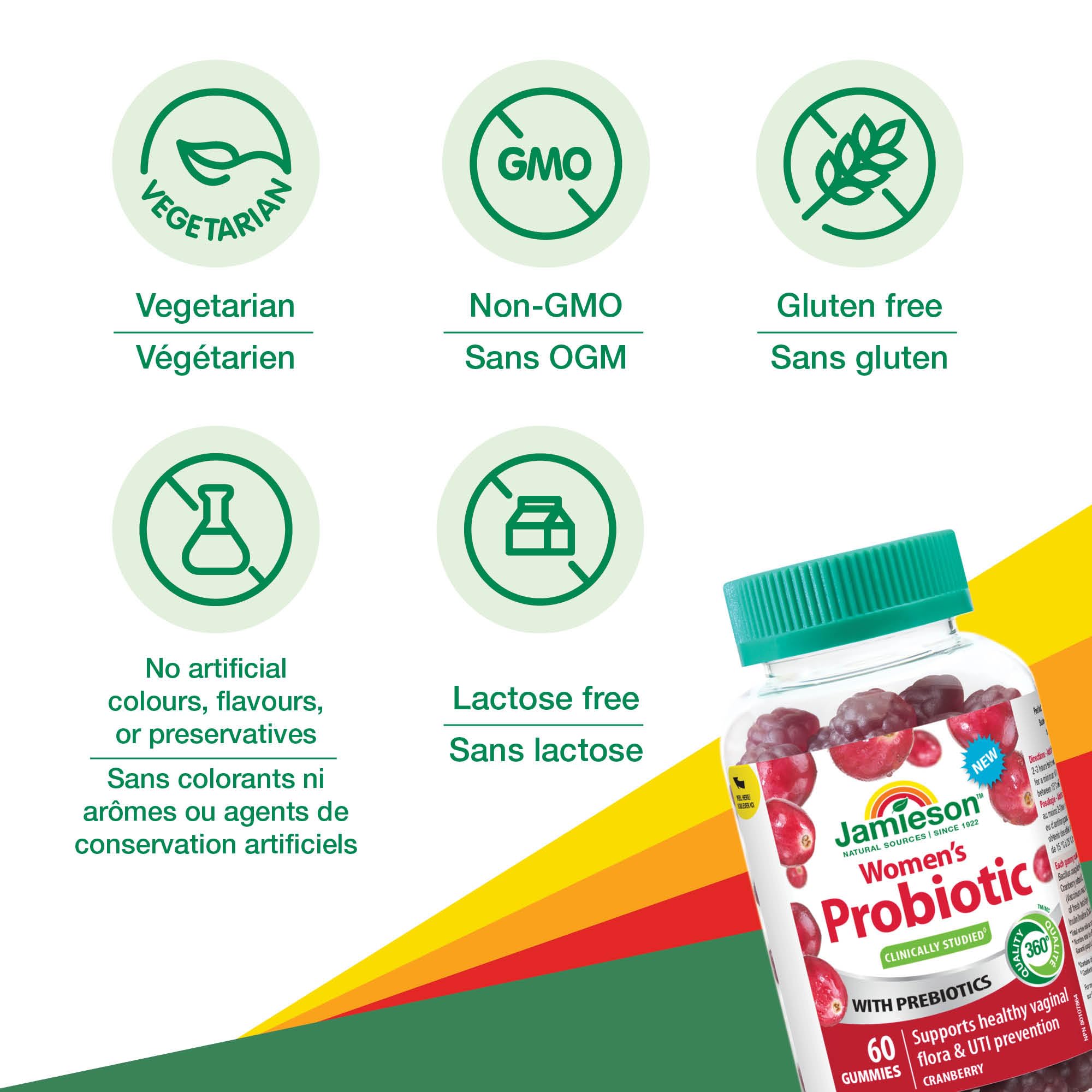 Jamieson Women's Probiotic Gummy with Cranberry and Prebiotics, 60 Gummies. Supports a Healthy Vaginal Flora and Digestive Health, Protects against UTIs. Cranberry Flavoured 🍁 All In One Marketplace Canada