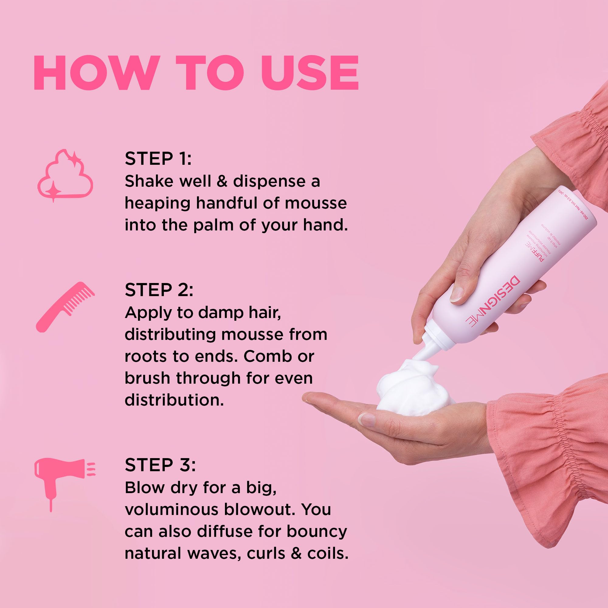 DESIGNME PUFF.ME Hair Mousse | Volumizing Mousse, Flexible Hold, Adds Body & Bounce | Heat Protection | Without Paraben, Sulfate & Alchohol | Volumizer for Fine Hair | Color Safe 🍁 All In One Marketplace Canada