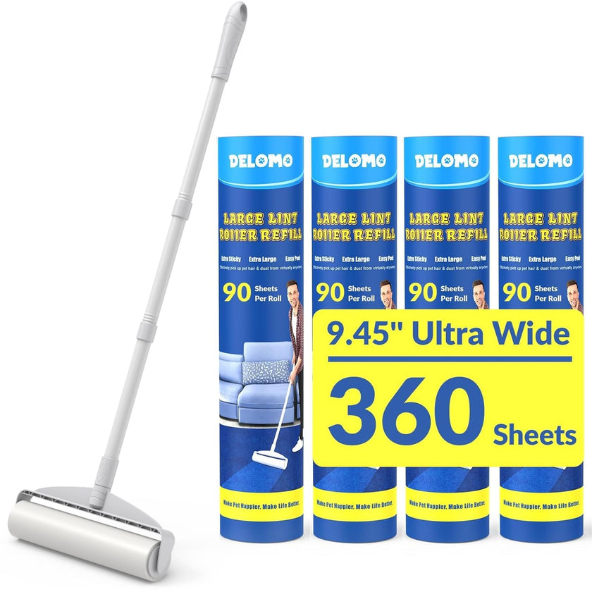 Large Lint Rollers for Carpet, Sticky Rollers for Floor DELOMO 9.45 in with 3 Extendable Handle, Long Handle Sticky Mop for Cleaning Carpets, Cars, Bedding, and Pet Hair, Ideal Gift for Pet Owners 🍁 All In One Marketplace Canada